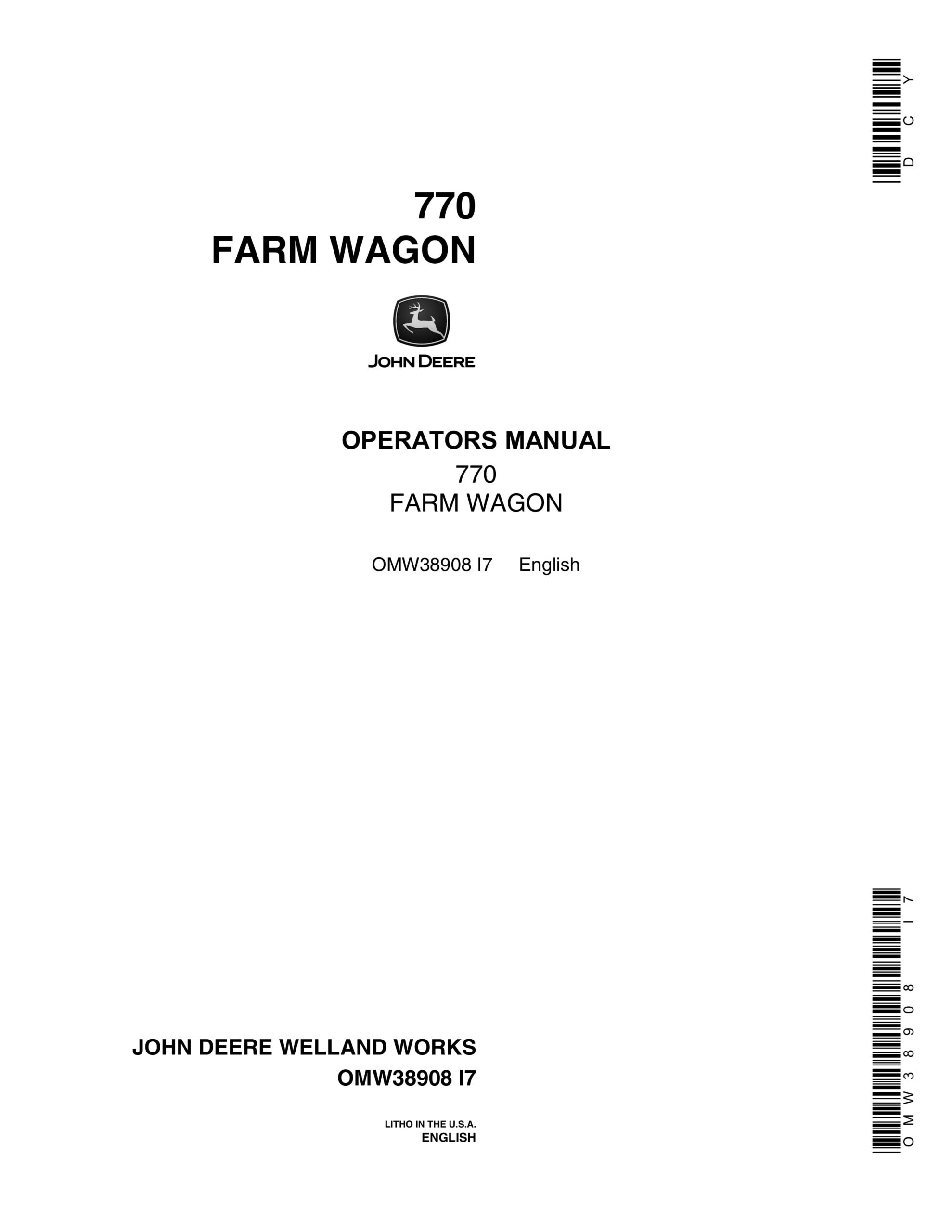 John Deere 770 FARM WAGON Operator Manual OMW38908-1