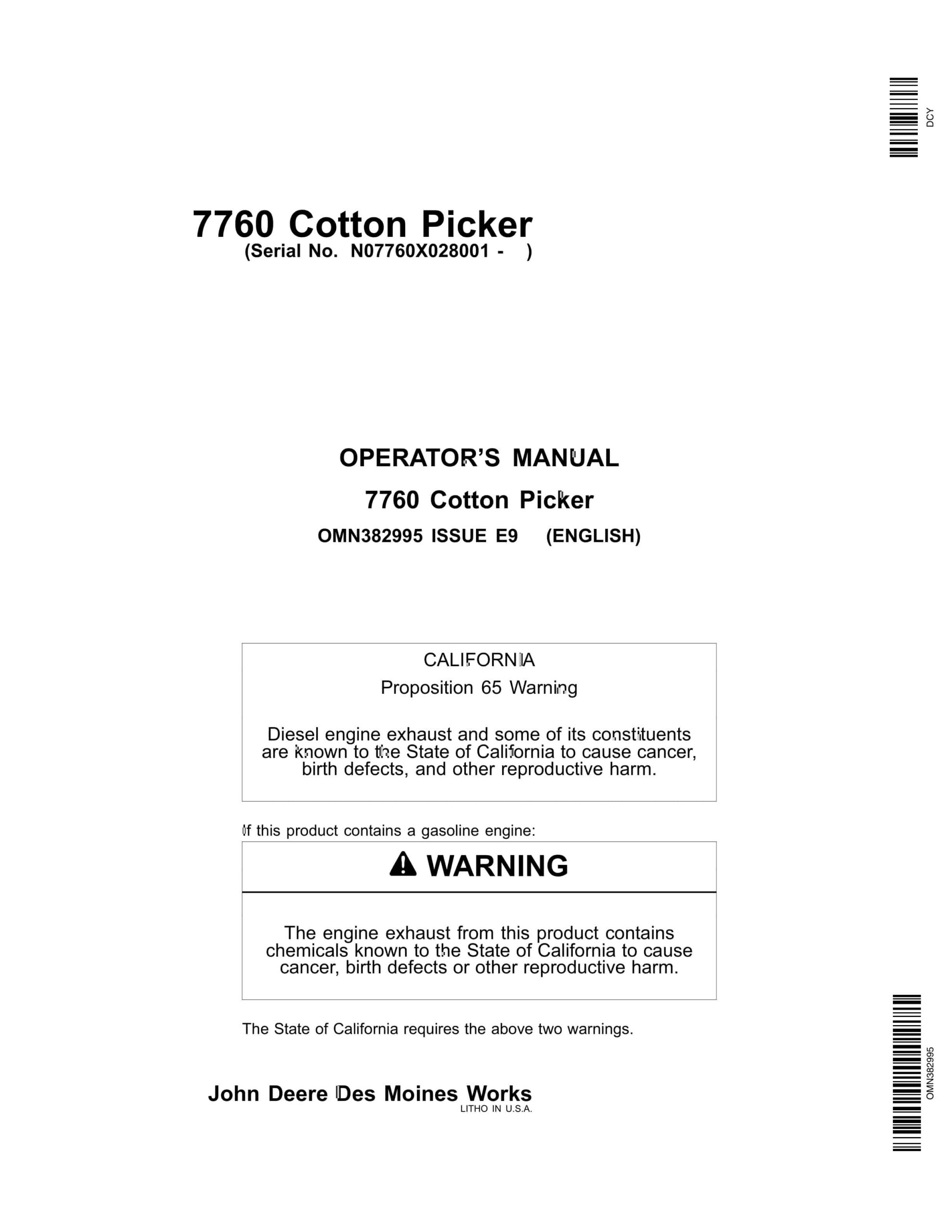 John Deere 7760 COTTON PICKER Operator Manual OMN382995-1