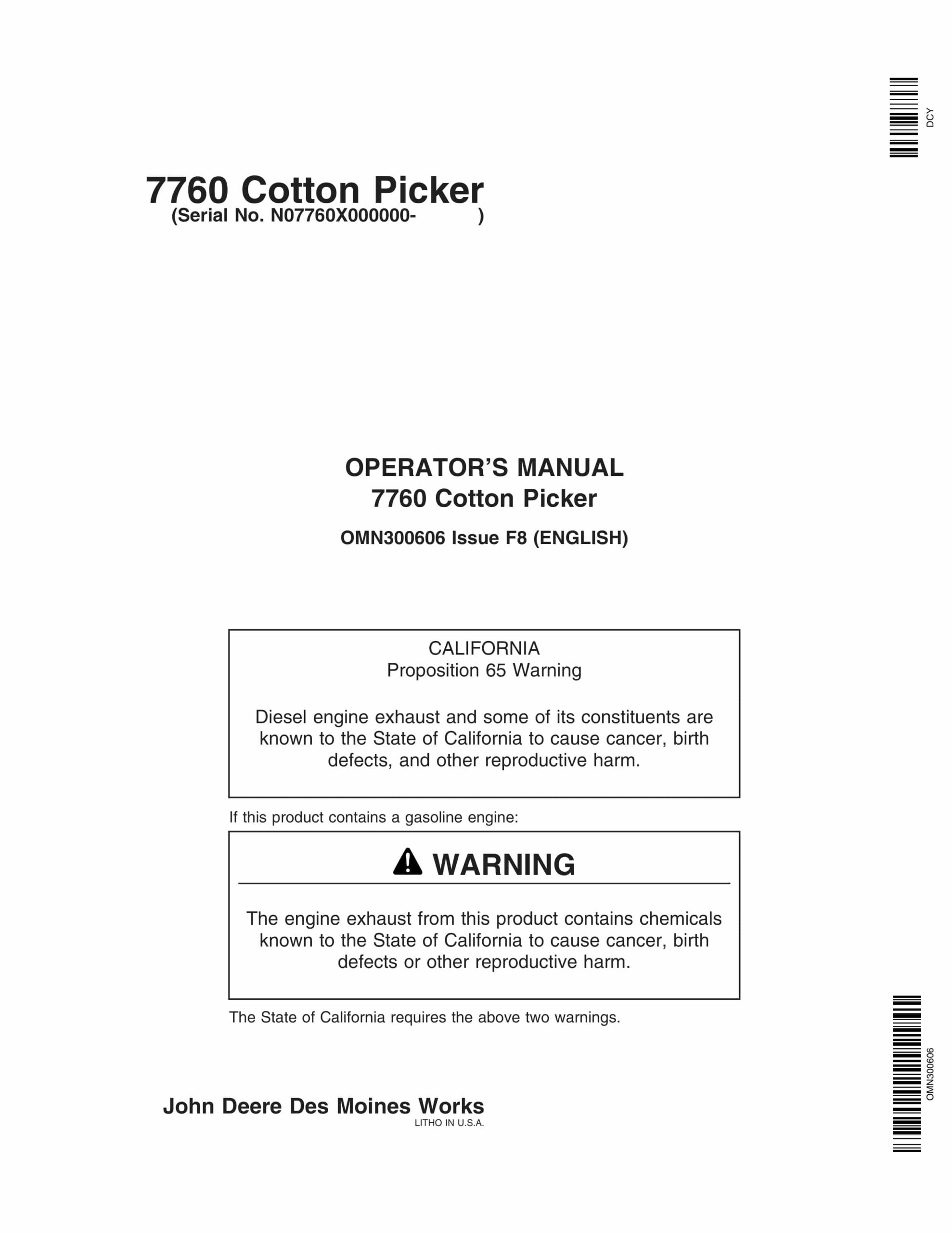 John Deere 7760 Cotton Picker Operator Manual OMN300606-1