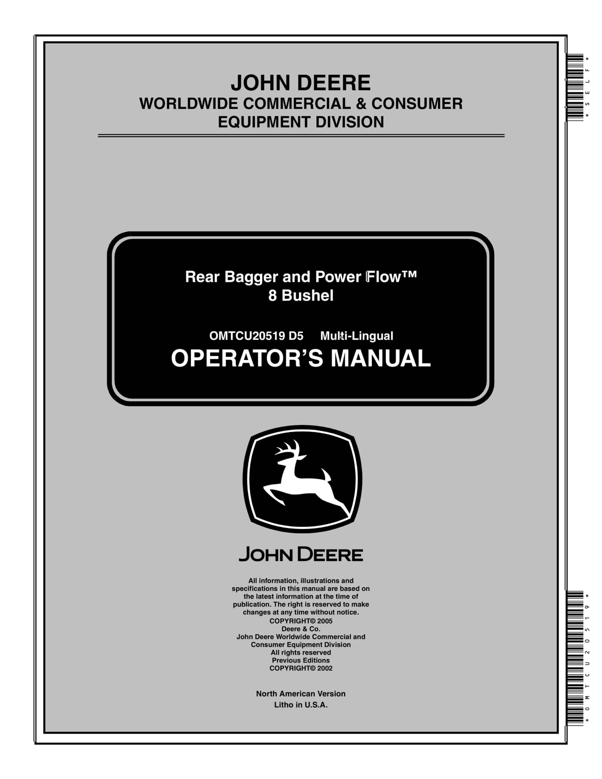 John Deere 8 Bushel Rear Bagger and Power Flow Operator Manual OMTCU20519-1