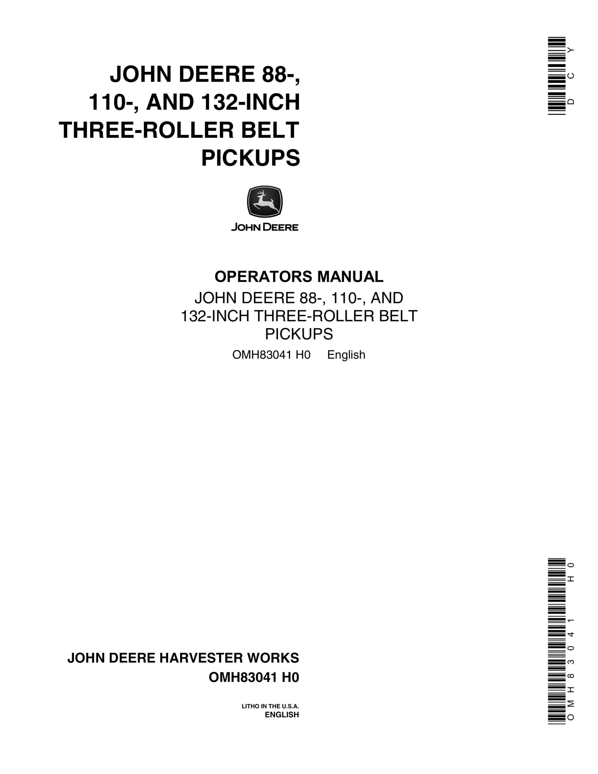John Deere 88-, 110-, AND 132-INCH THREE-ROLLER BELT PICKUP Operator Manual OMH83041-1