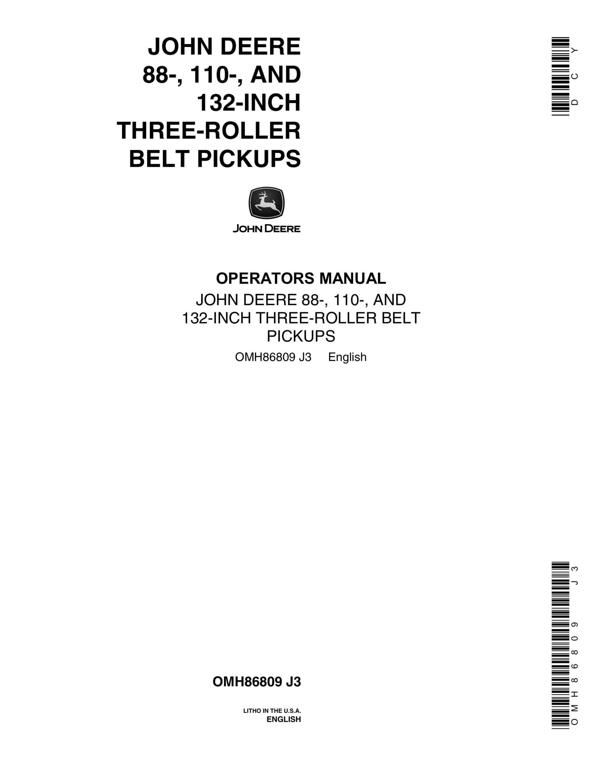 John Deere 88-, 110-, AND 132-INCH THREE-ROLLER BELT PICKUP Operator Manual OMH86809-1