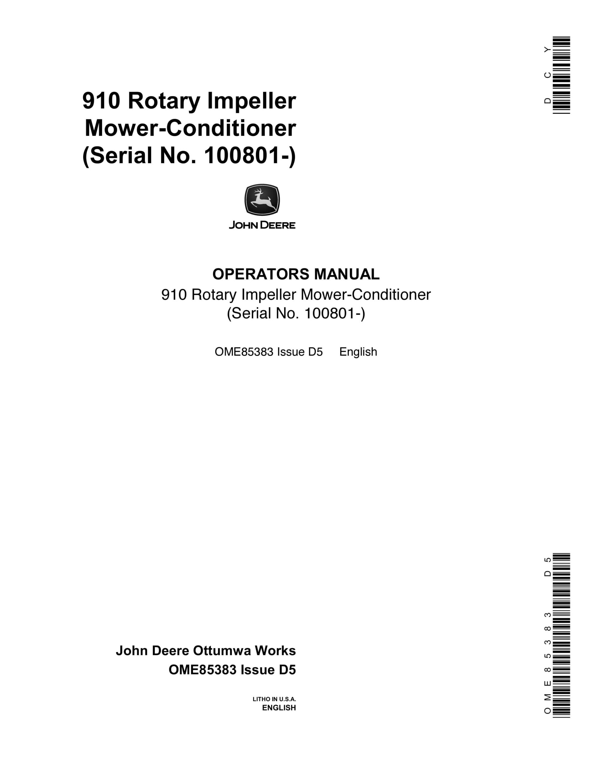 John Deere 910 Rotary Impeller Mower-Conditioner Operator Manual OME85383-1