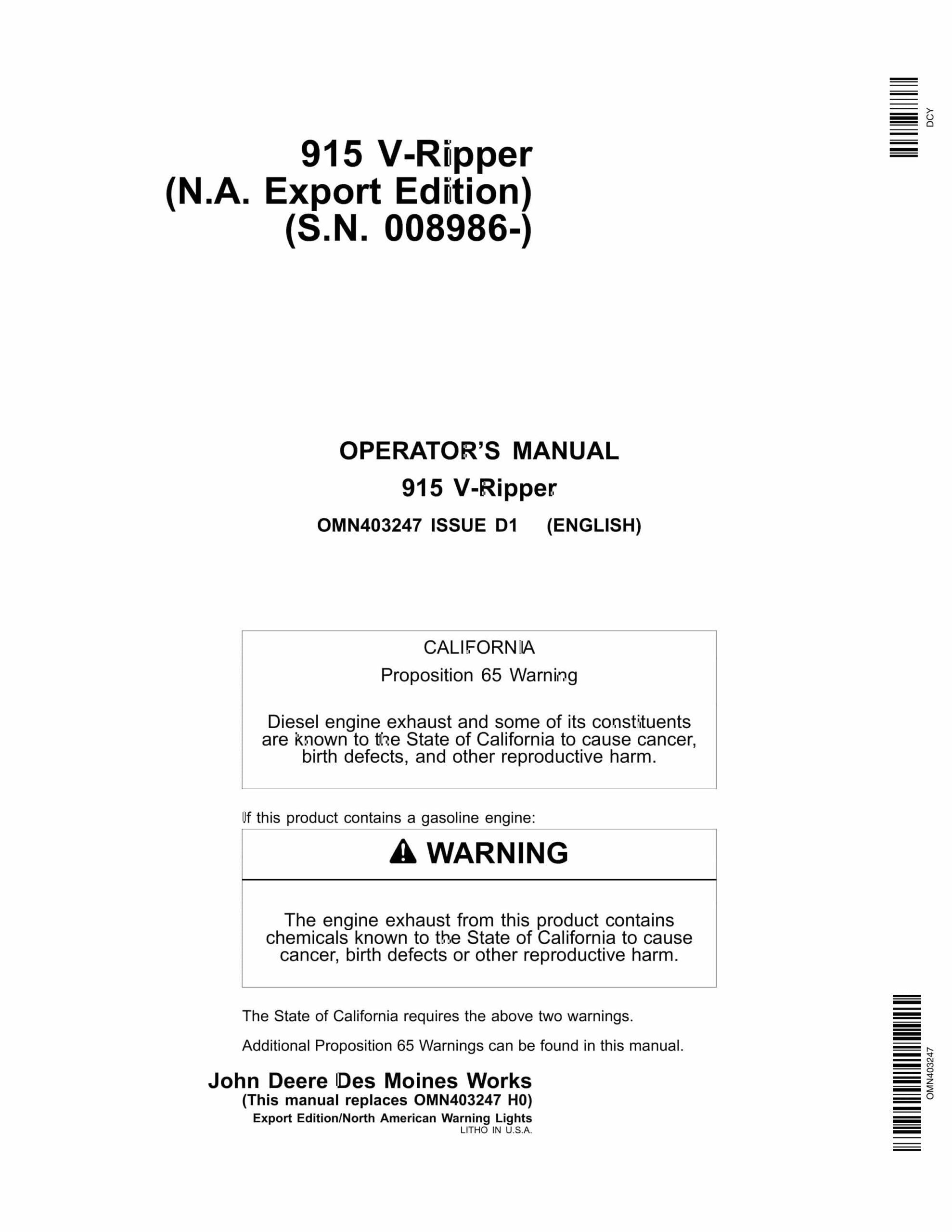 John Deere 915 V­Ripper Operator Manual OMN403247-1