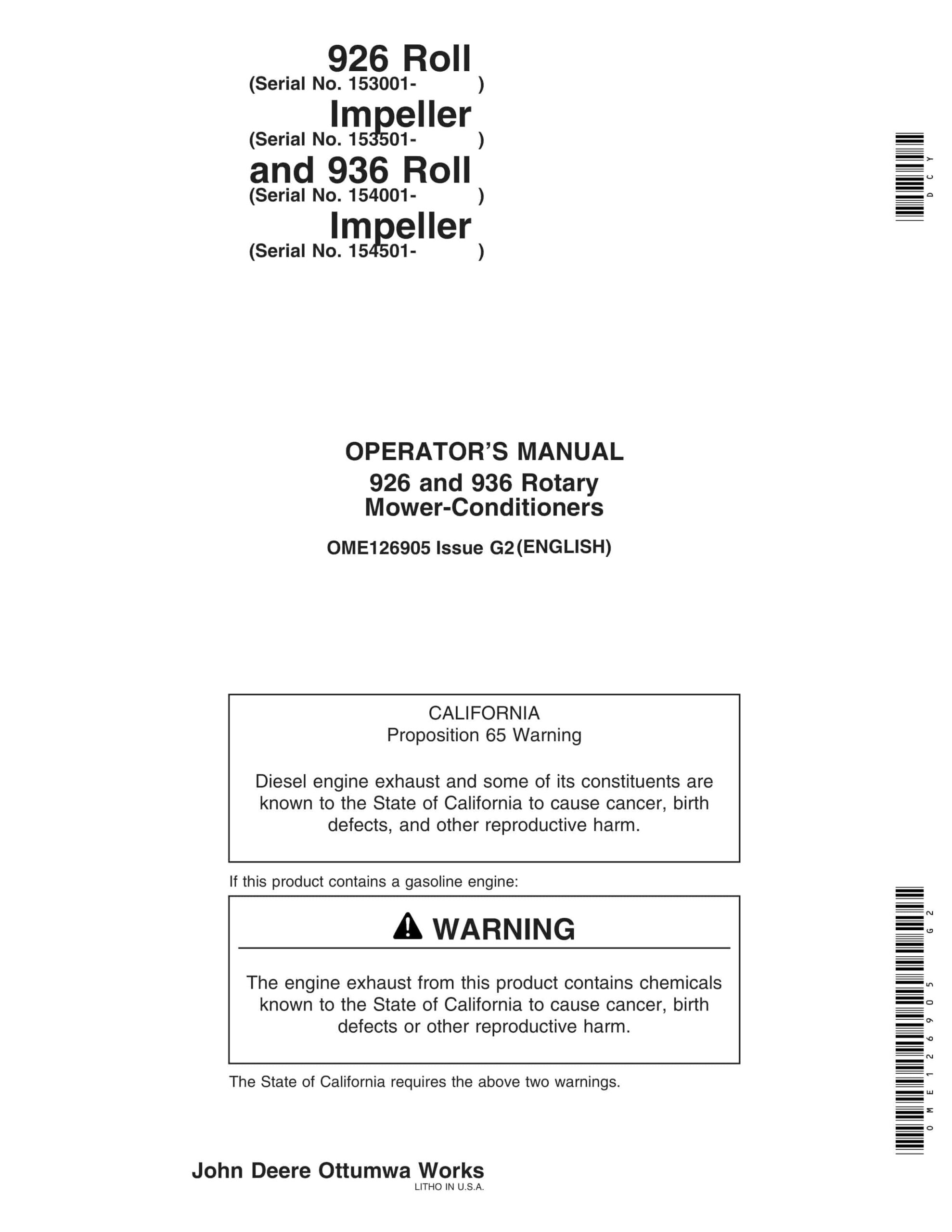 John Deere 926 and 936 Rotary Mower-Conditioner Operator Manual OME126905-1