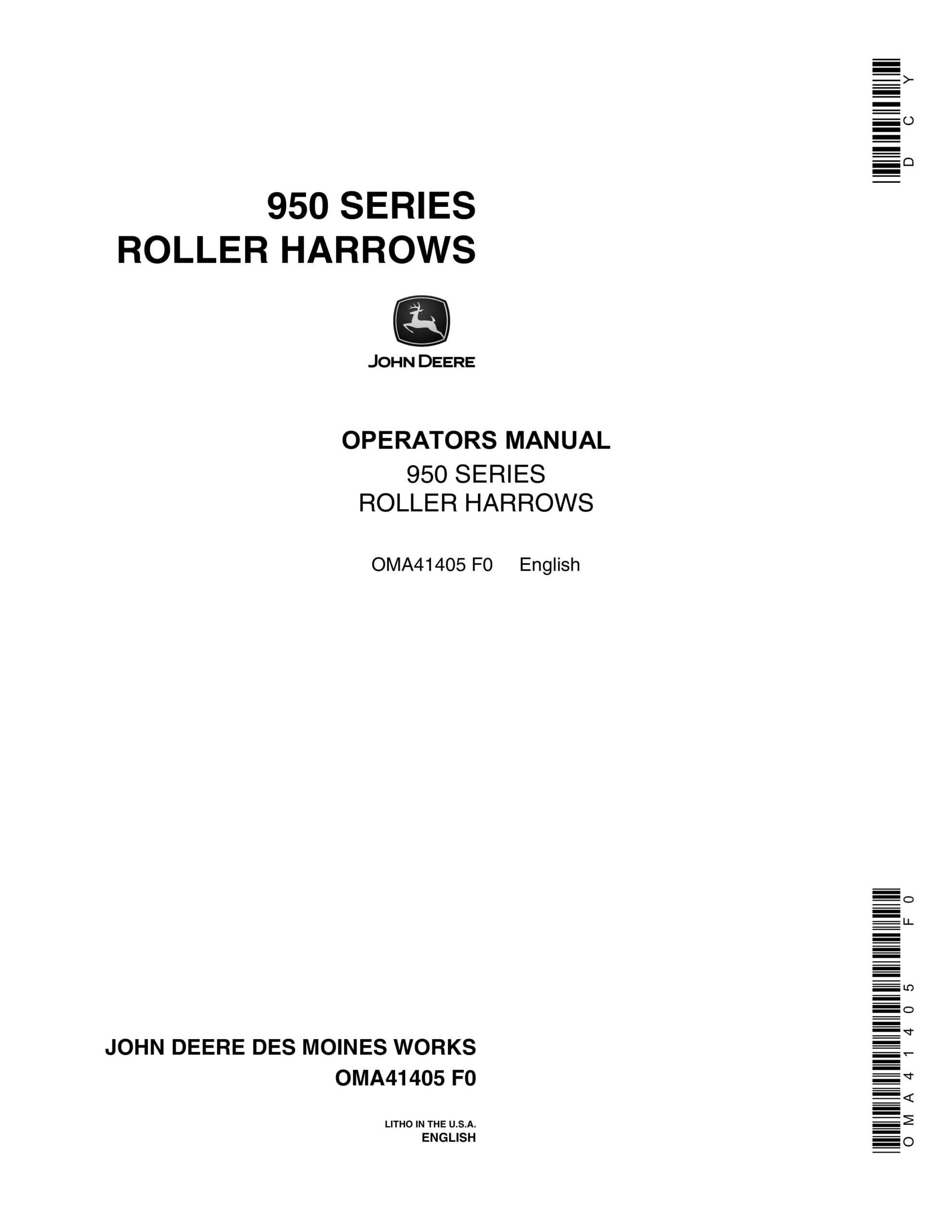 John Deere 950 SERIES ROLLER HARROWS Operator Manual OMA41405-1
