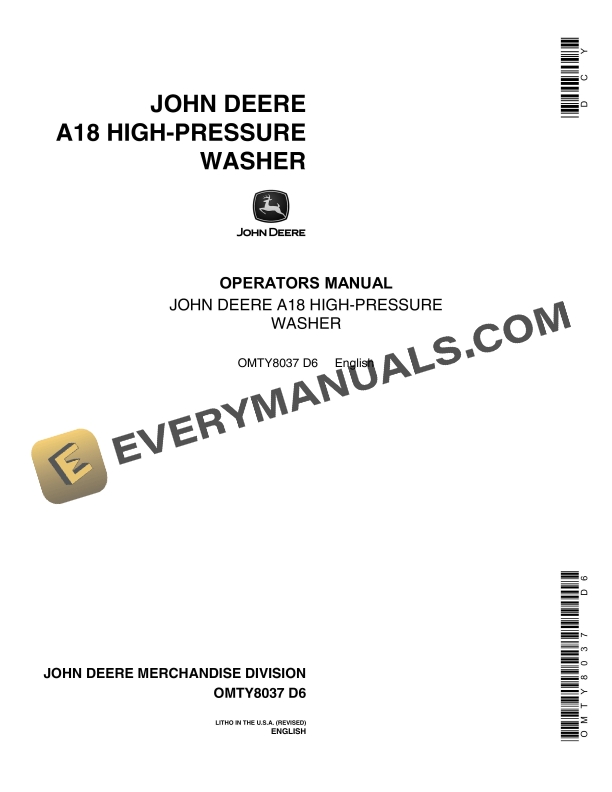 John Deere A18 HIGHPRESSURE WASHER Operator Manual OMTY8037