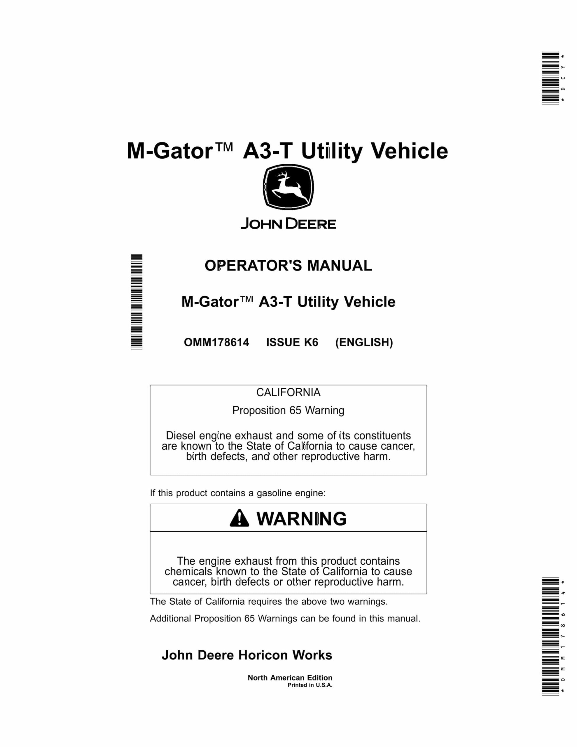 John Deere A3-T M-Gator Utility Vehicles Operator Manual OMM178614-1