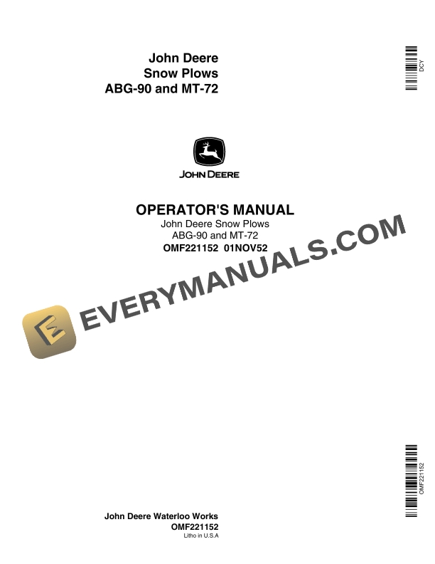 John Deere ABG90 and MT72 Snow Plow Operator Manual OMF221152