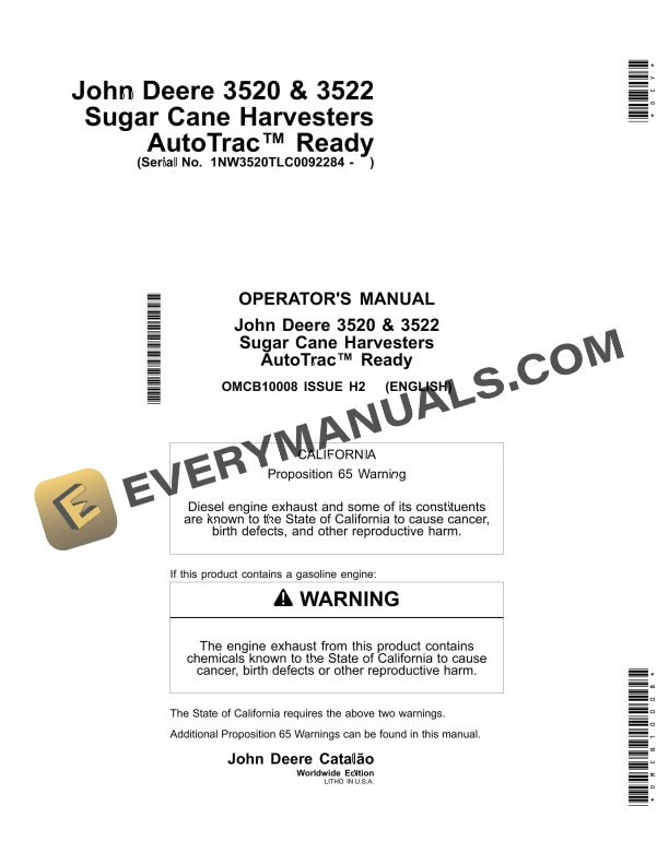 John Deere AutoTrac Ready 3520 and 3522 Sugar Cane Harvesters Operator