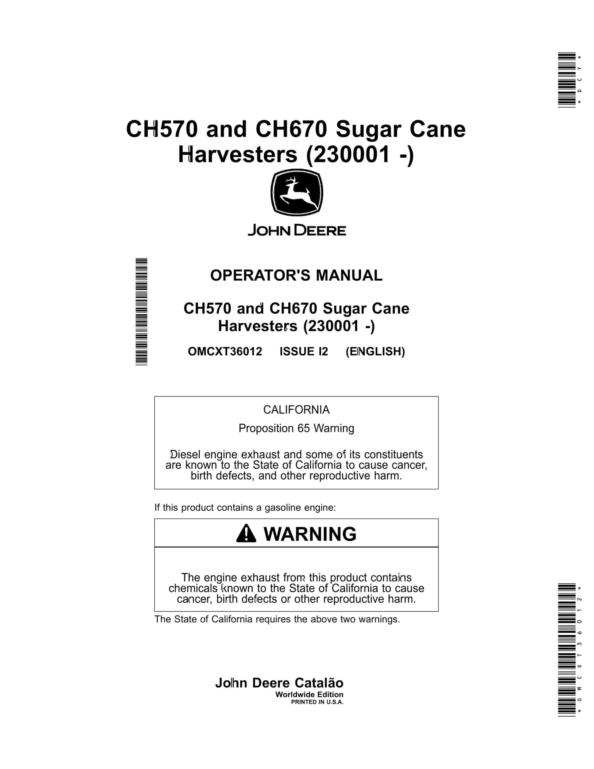 John Deere CH570 and CH670 Sugar Cane Harvesters Operator Manual OMCXT36012-1