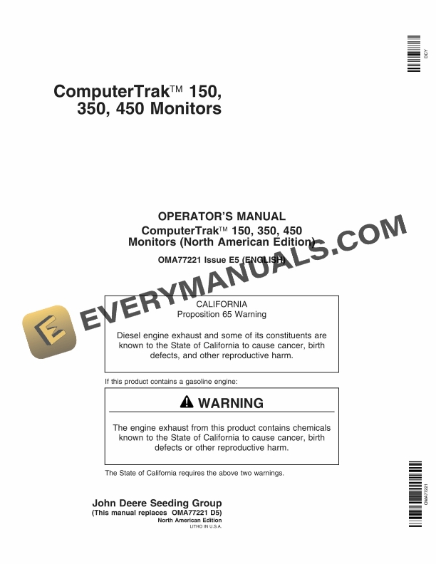 John Deere ComputerTrak 150, 350, 450 Monitors Operator Manual OMA77221