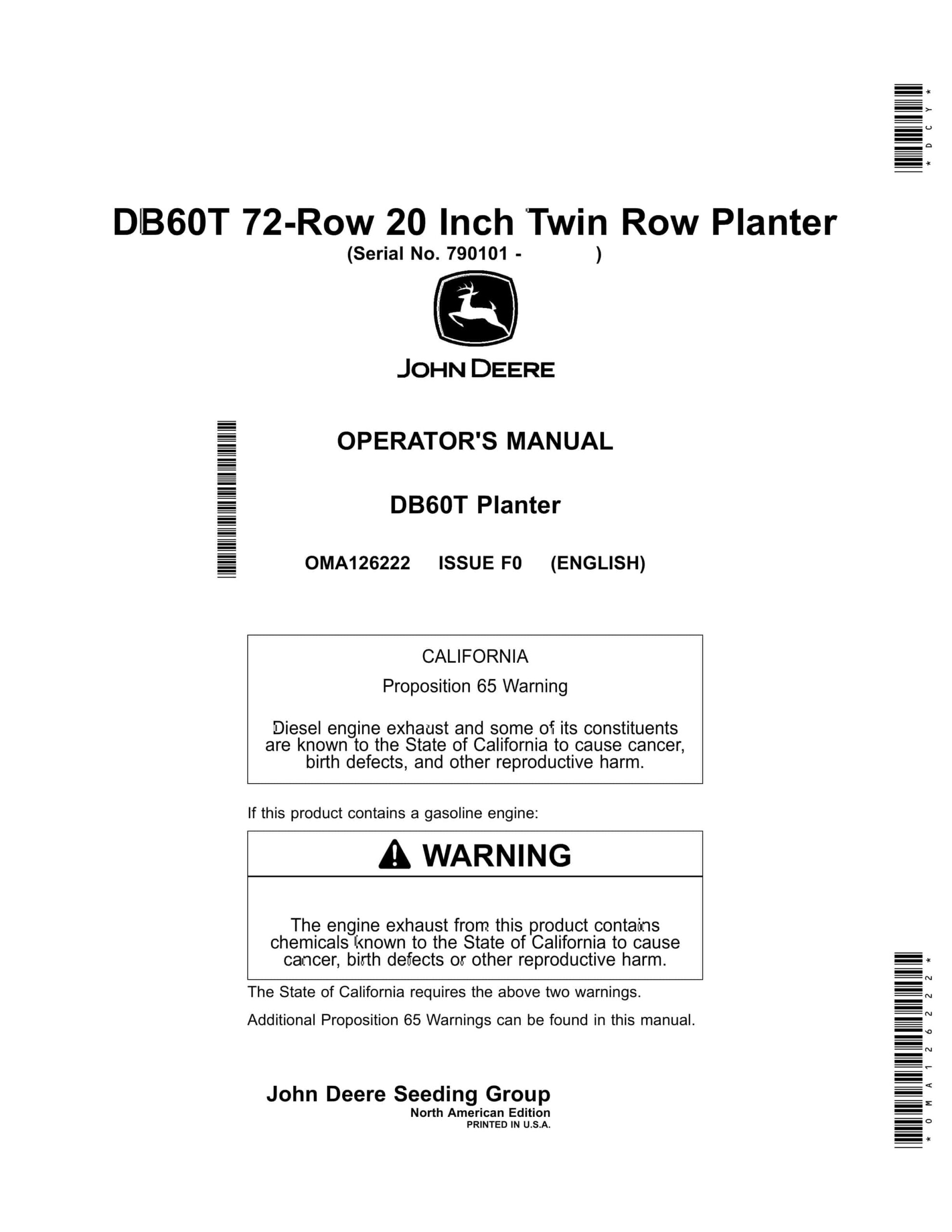 John Deere DB60T 72-Row 20 Inch Twin Row Planter Operator Manual OMA126222-1