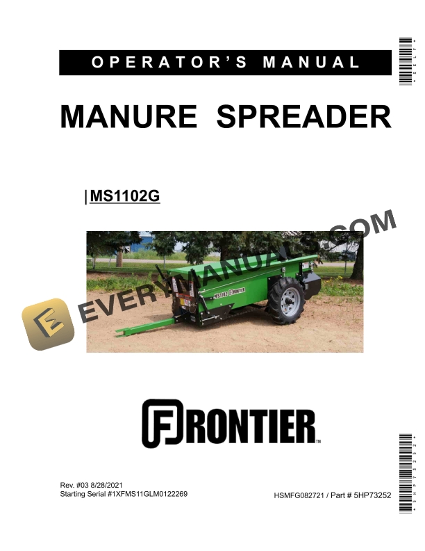 John Deere Frontier MS1102G MANURE SPREADER Operator Manual 5HP73252