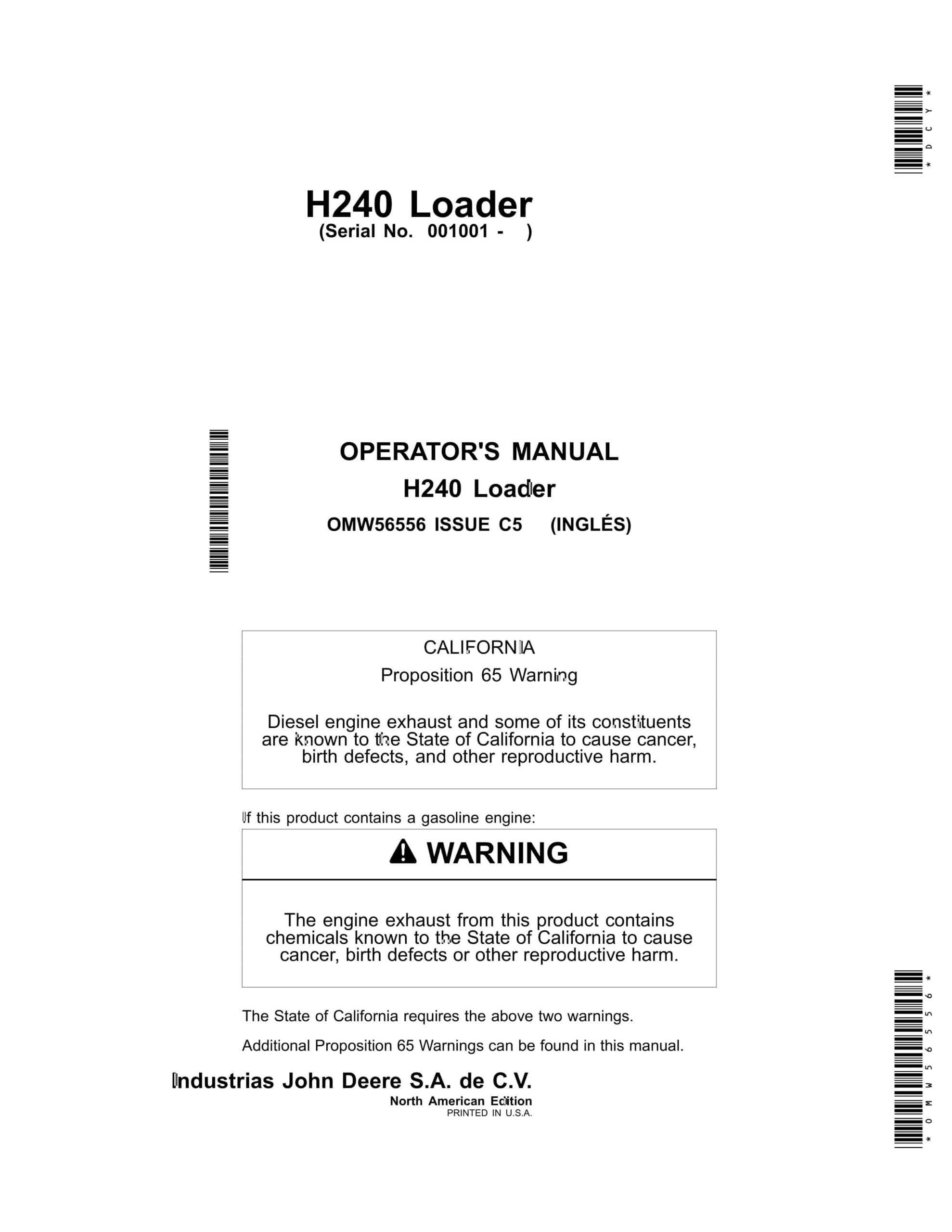 John Deere H240 Loader Operator Manual OMW56556-1