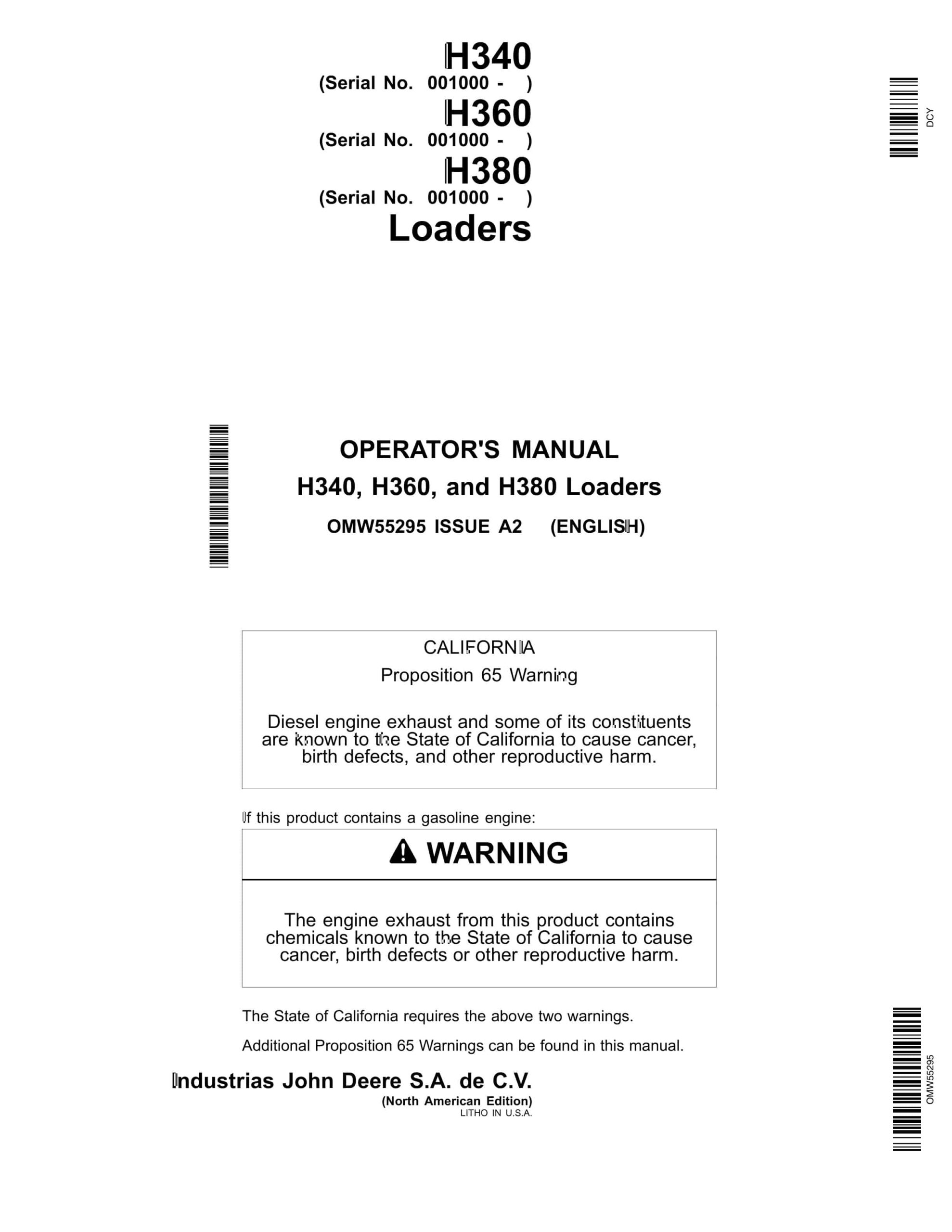 John Deere H340, H360, and H380 Loader Operator Manual OMW55295-1