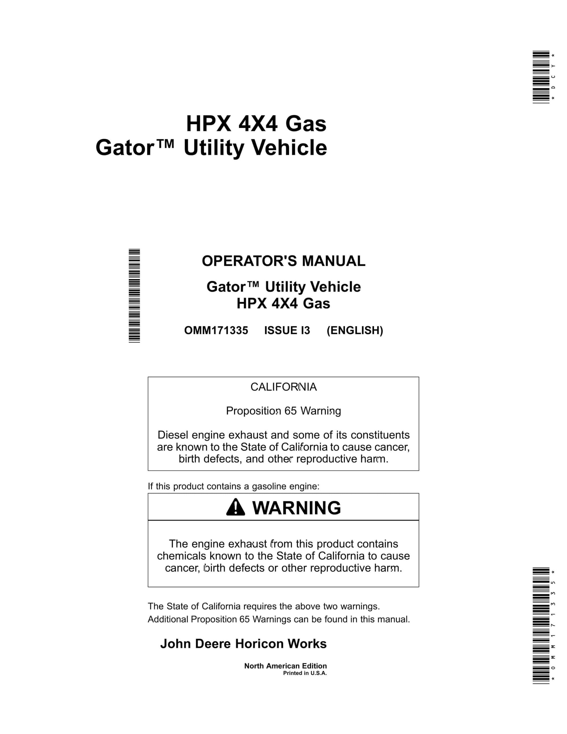 John Deere HPX 4X4 Gas Gator Utility Vehicles Operator Manual OMM171335-1
