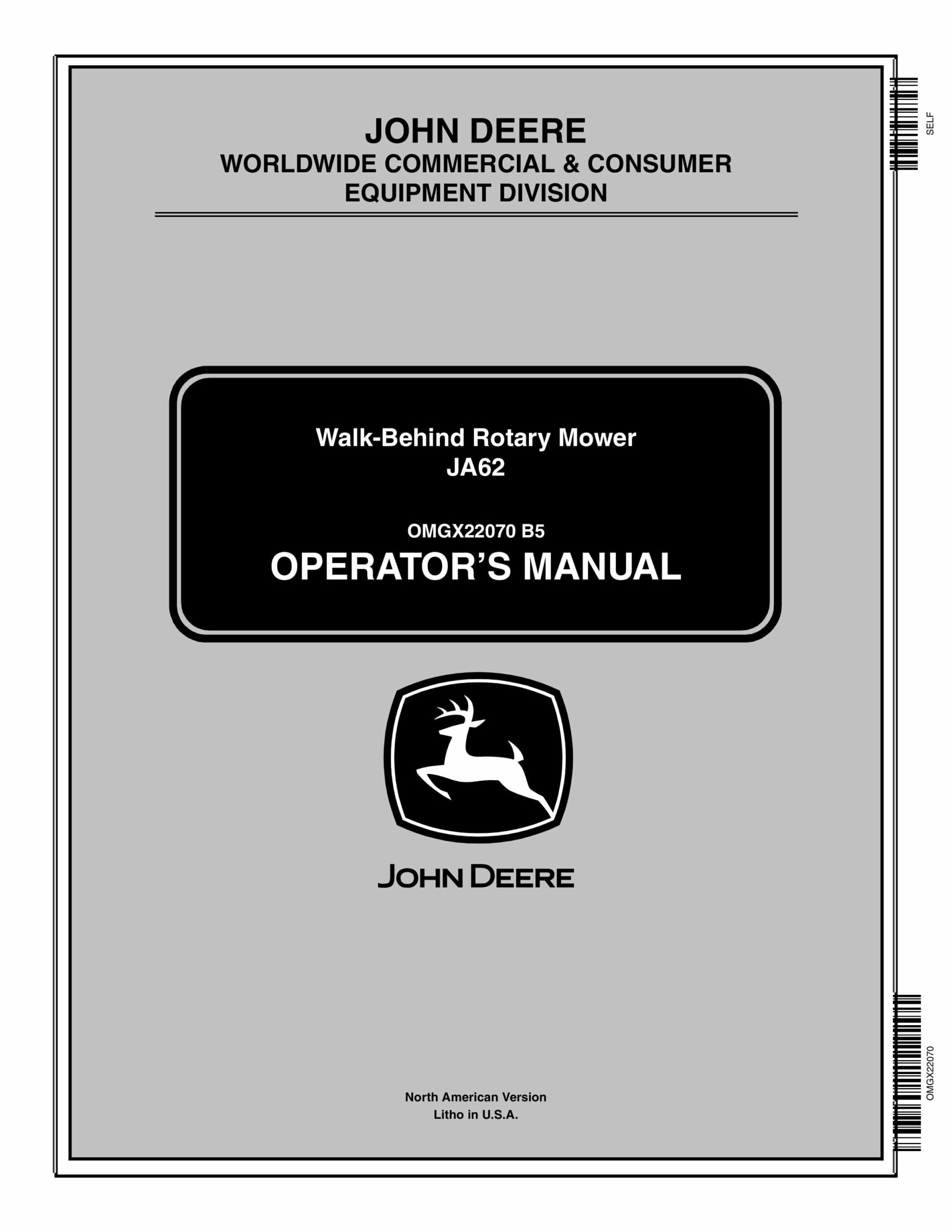 John Deere JA62 Walk-Behind Rotary Mowers Operator Manual OMGX22070-1
