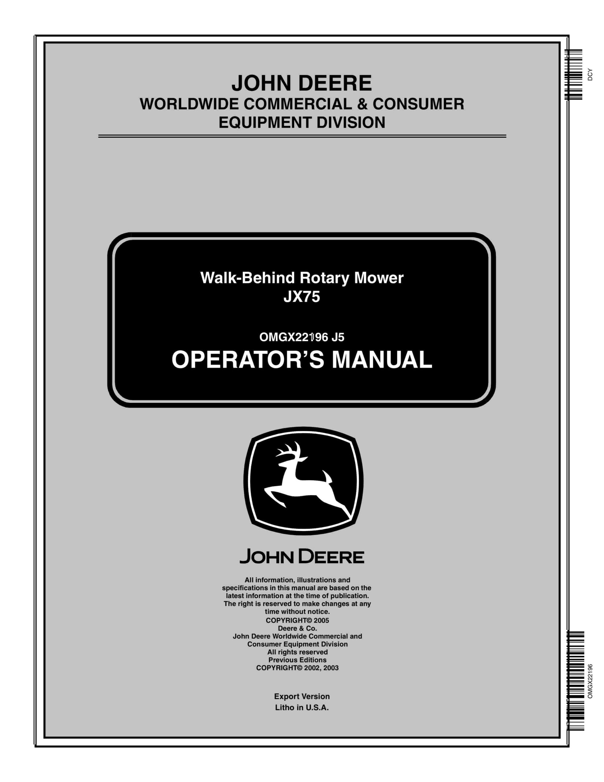 John Deere JX75 Walk-Behind Rotary Mowers Operator Manual OMGX22196-1