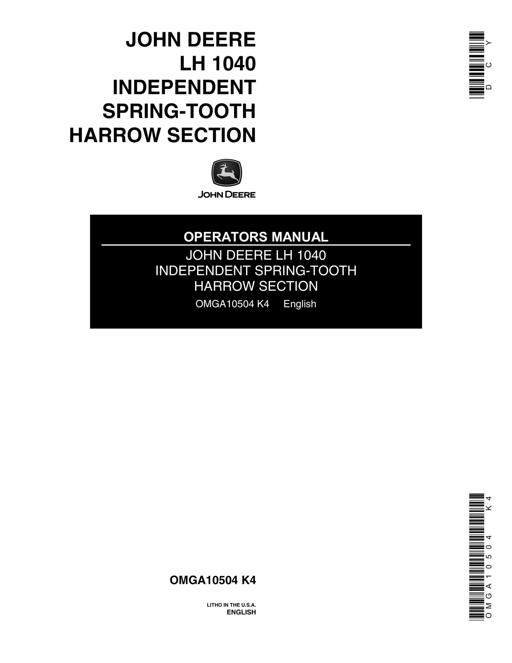 John Deere LH 1040 INDEPENDENT SPRING-TOOTH HARROWS Operator Manual OMGA10504-1