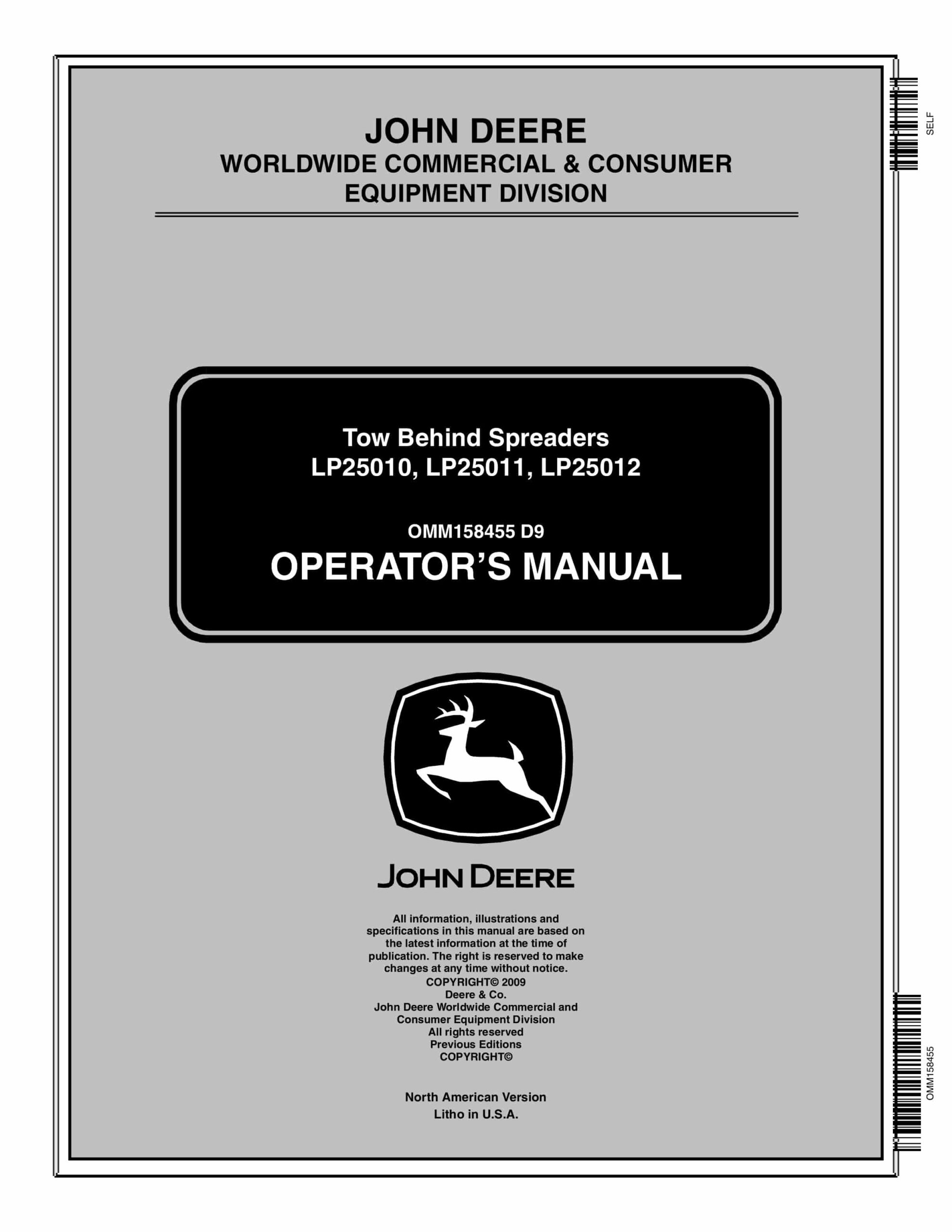 John Deere LP25010, LP25011, LP25012 Tow Behind Spreader Operator Manual OMM158455-1