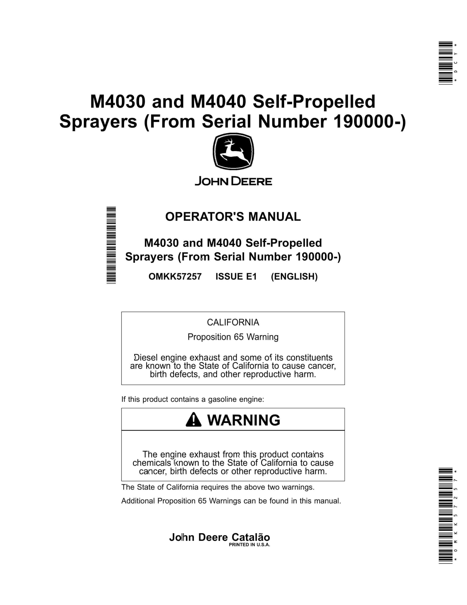 John Deere M4030 and M4040 Self-Propelled Sprayer Operator Manual OMKK57257-1