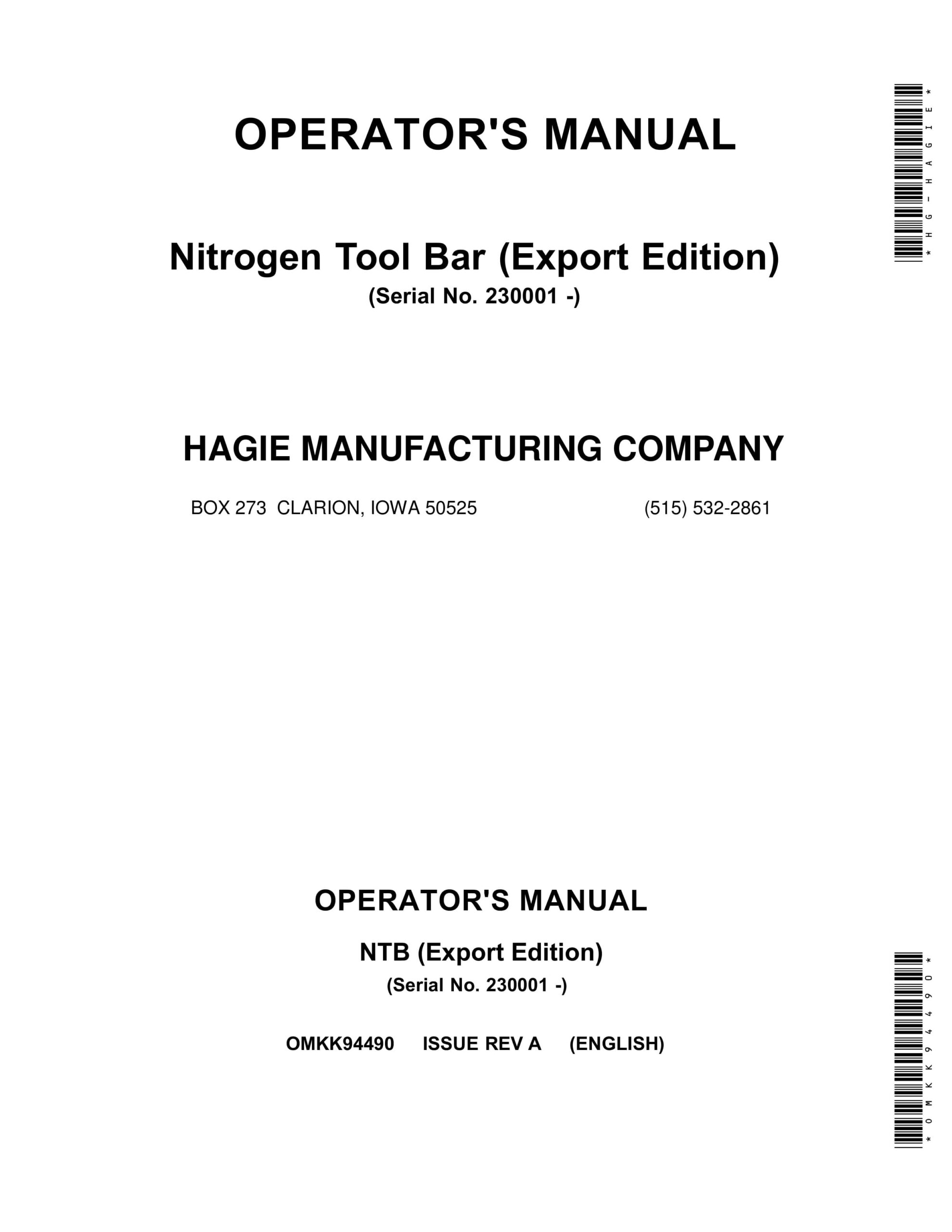 John Deere Nitrogen Tool Bar Operator Manual OMKK94490-1