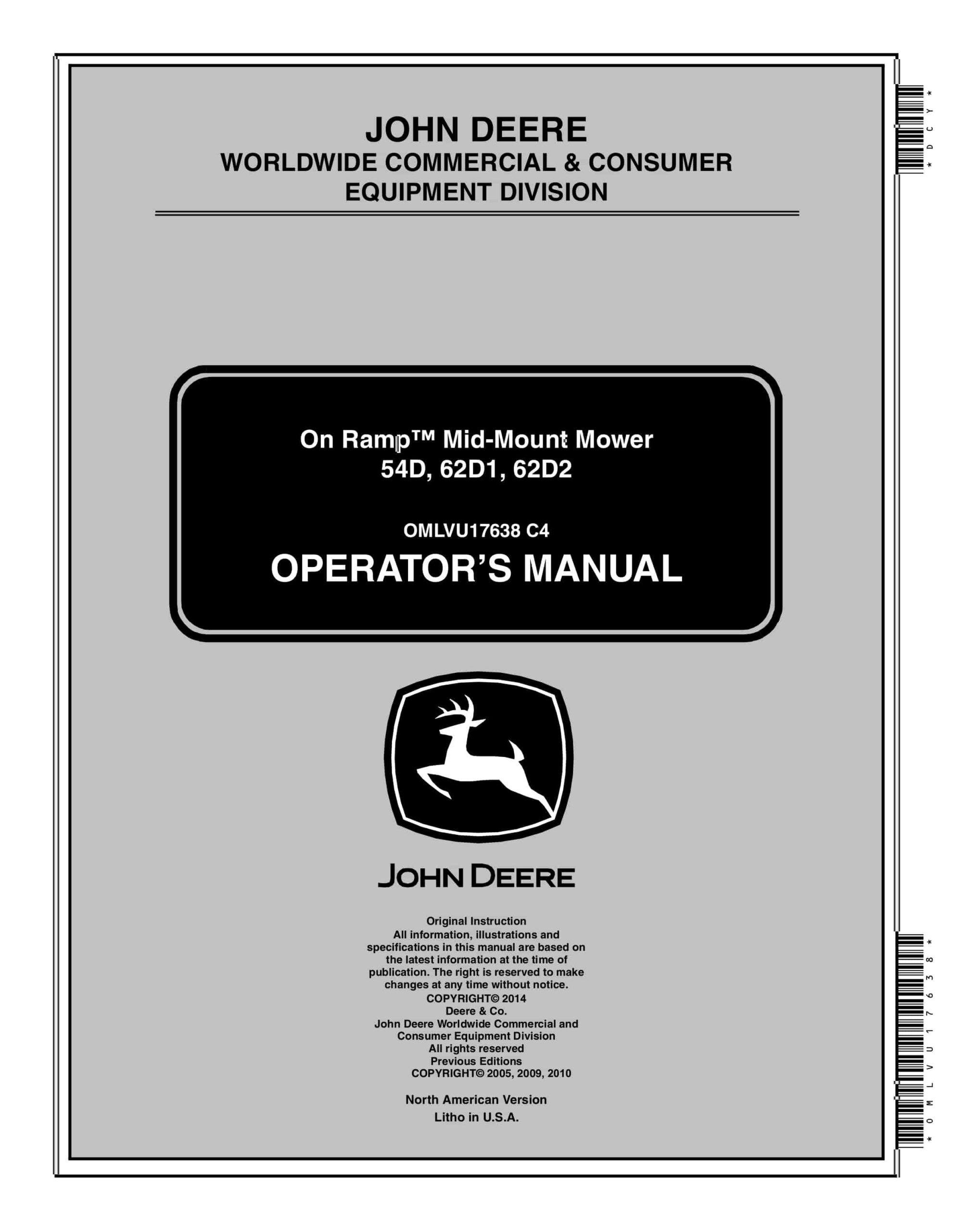John Deere On Ramp Mid-Mount Mower 54D, 62D1, 62D2 Operator Manual OMLVU17638-1