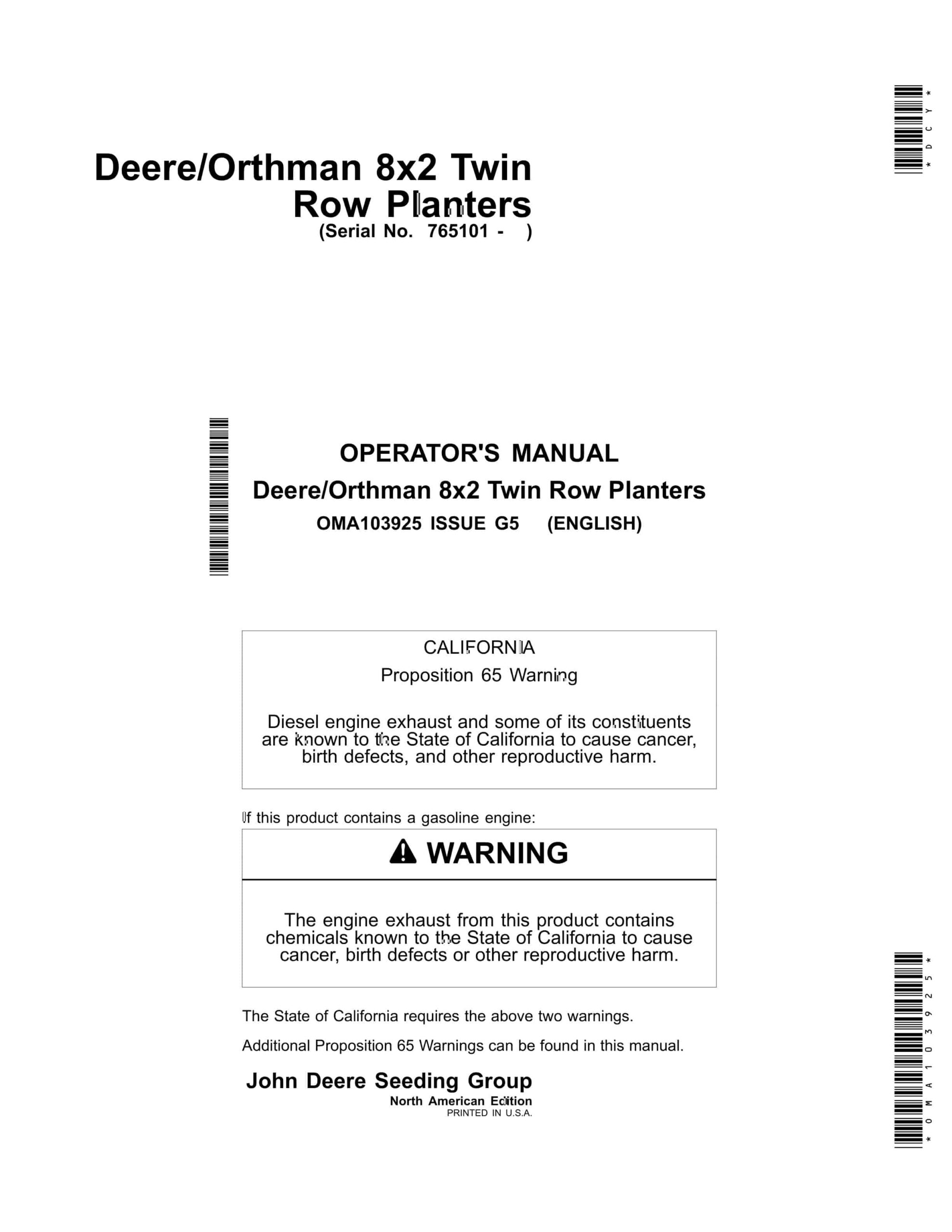 John Deere Orthman 8×2 Twin Row Planter Operator Manual OMA103925-1