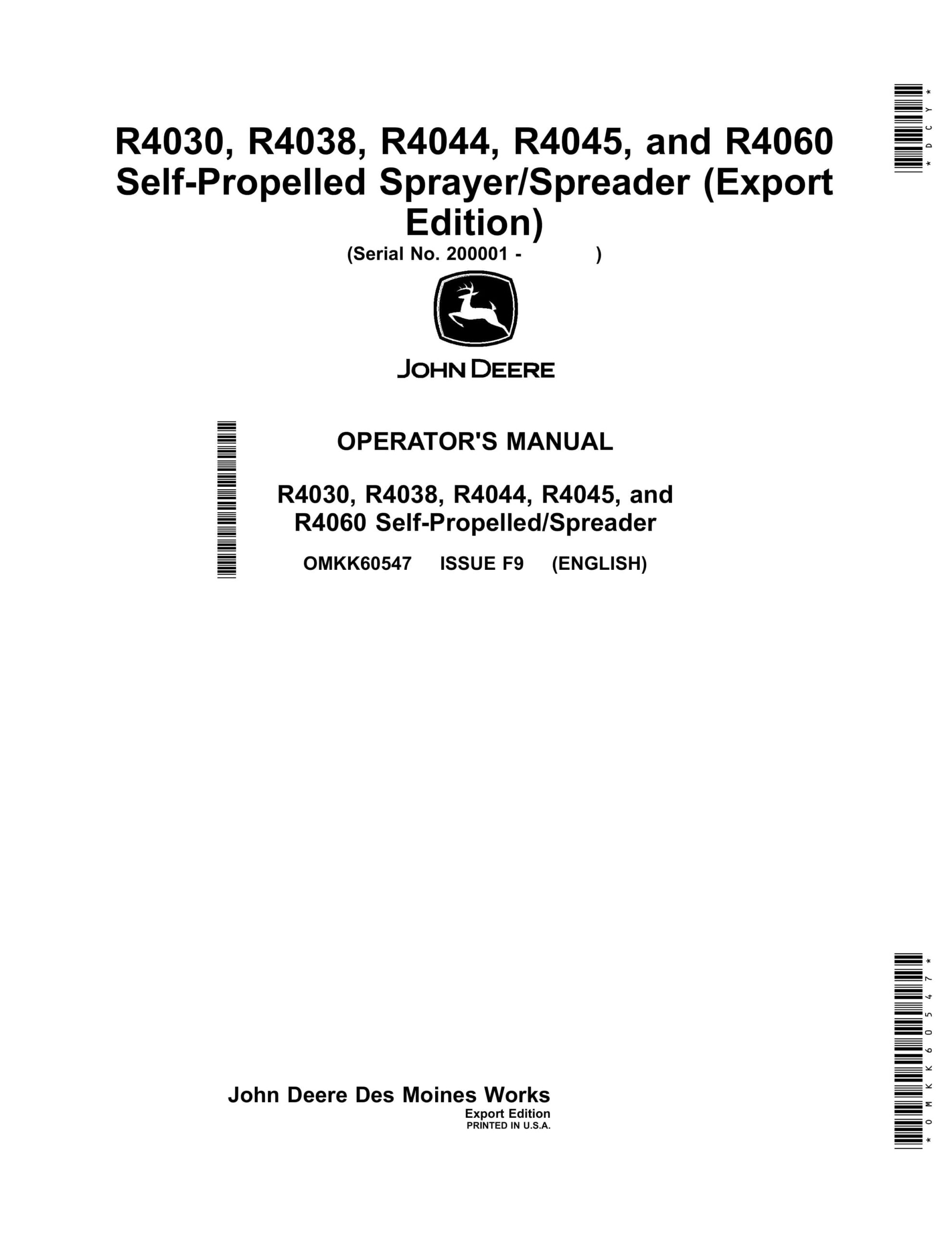 John Deere R4030, R4038, R4044, R4045, and R4060 Self Operator Manual OMKK60547-1