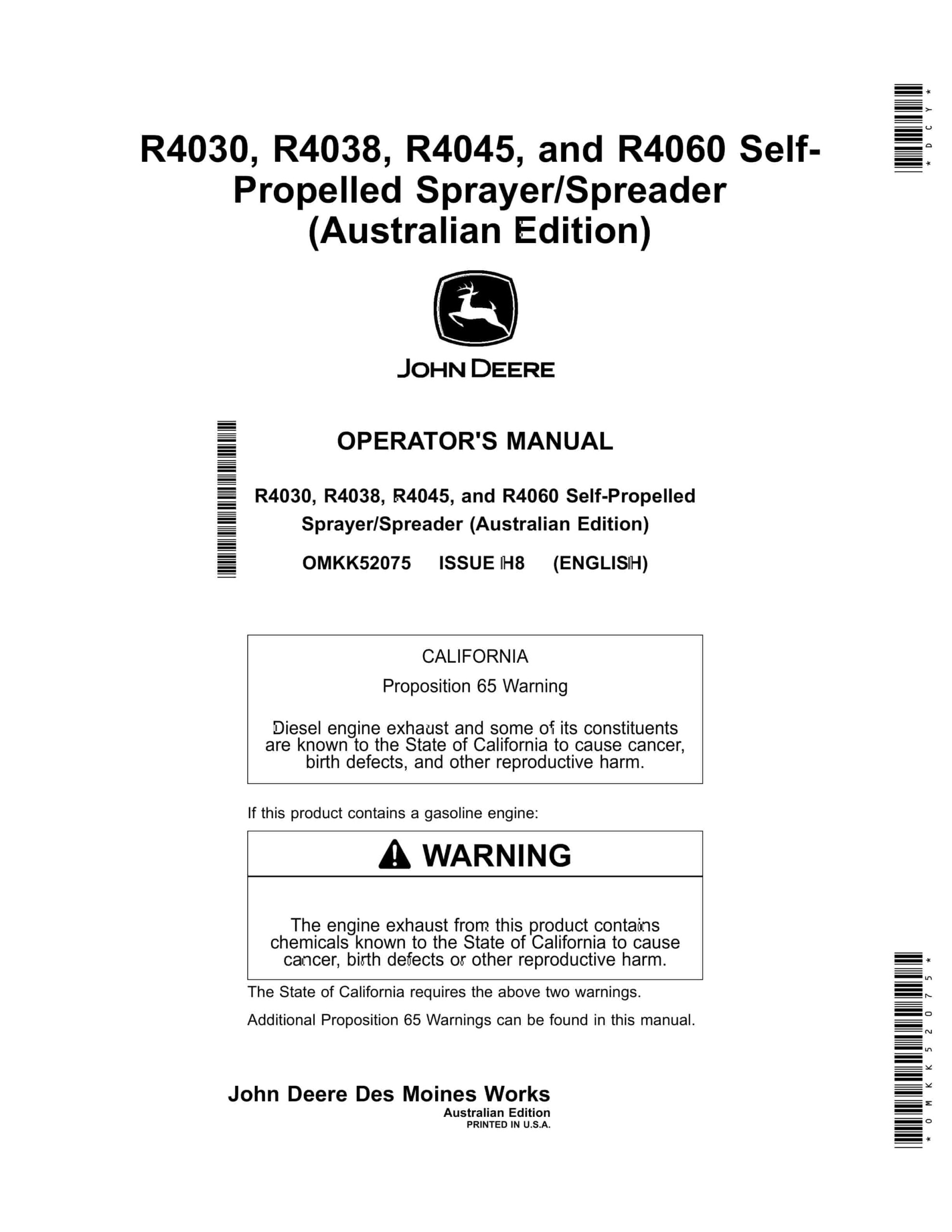 John Deere R4030, R4038, R4045, and R4060 Self Propelled Sprayer Spreader Operator Manual OMKK52075-1