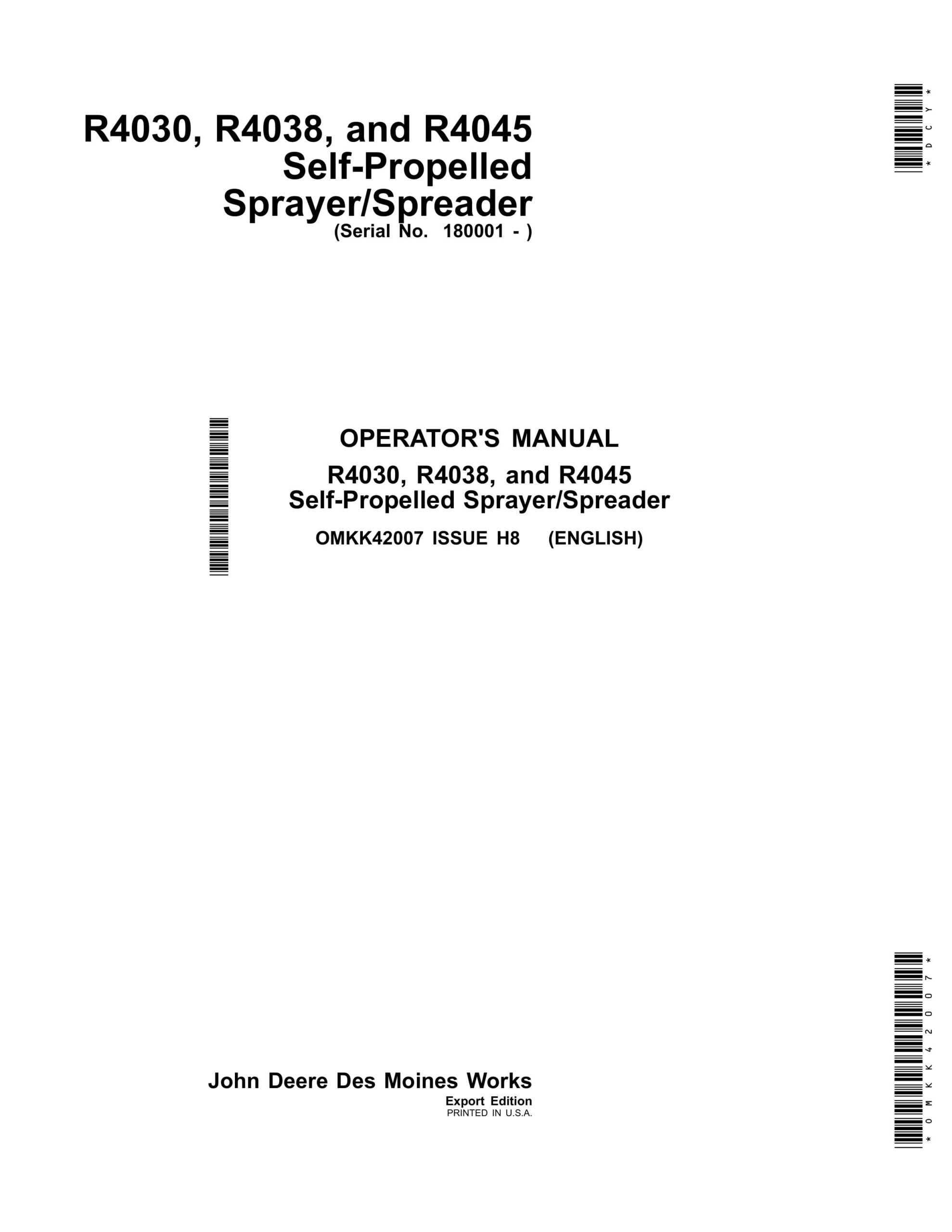 John Deere R4030, R4038, and R4045 Self-Propelled Sprayer Spreader Operator Manual OMKK42007-1