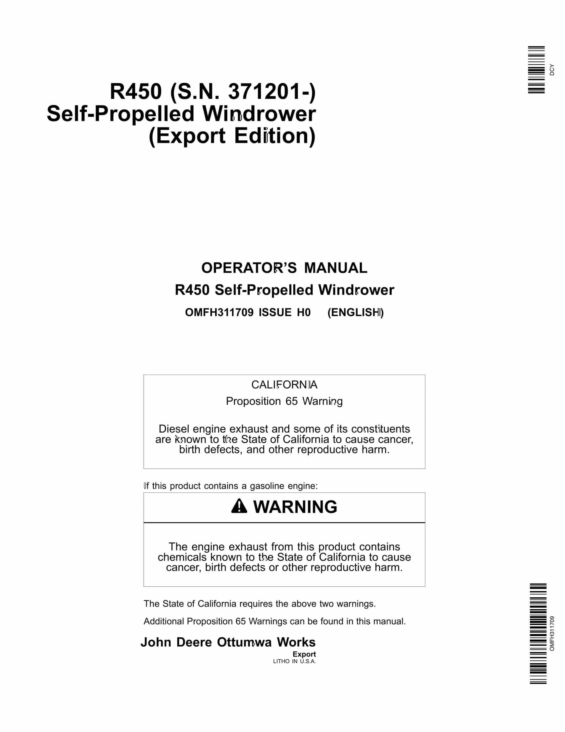 John Deere R450 Self­Propelled Windrower Operator Manual OMFH311709-1