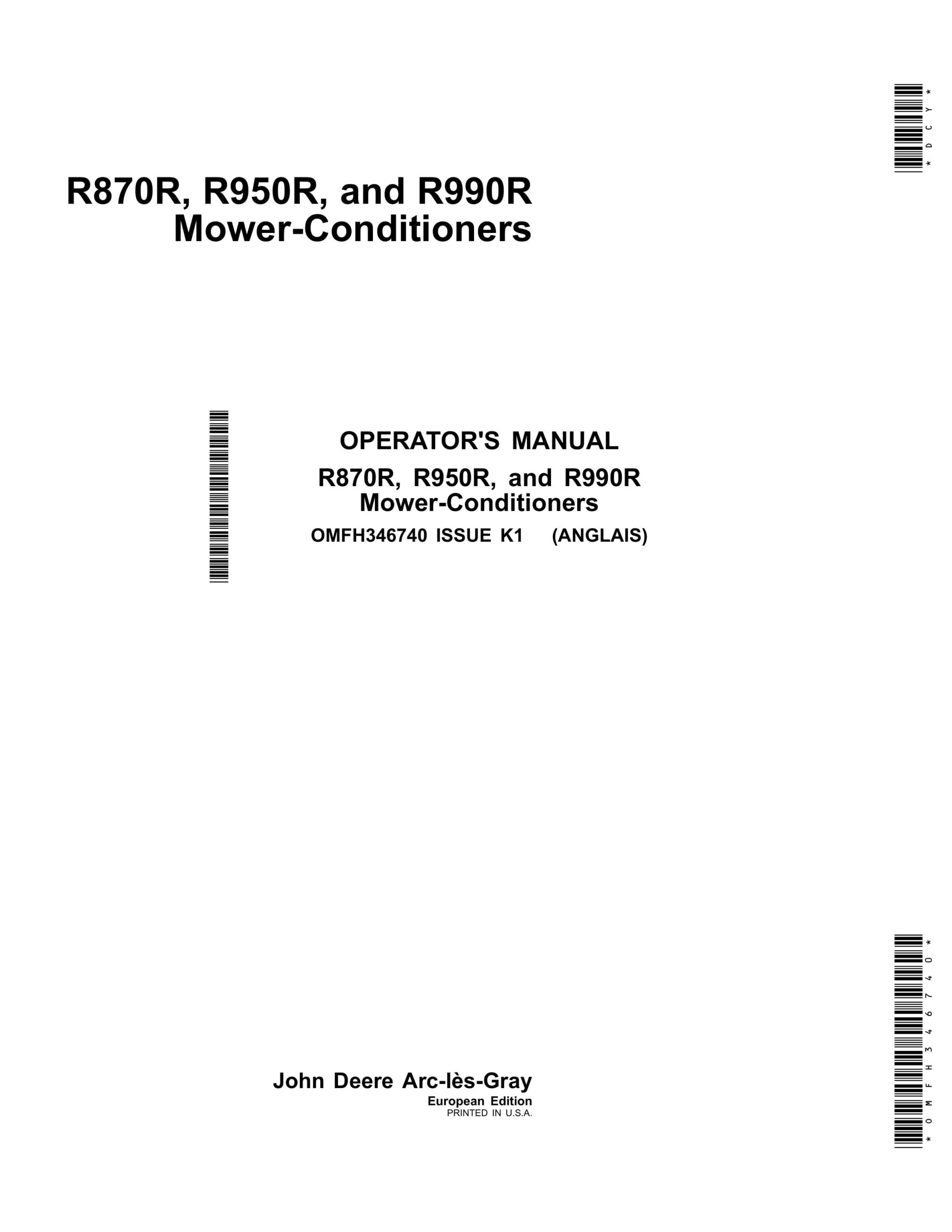 John Deere R870R, R950R, and R990R Mower-Conditioner Operator Manual OMFH346740-1