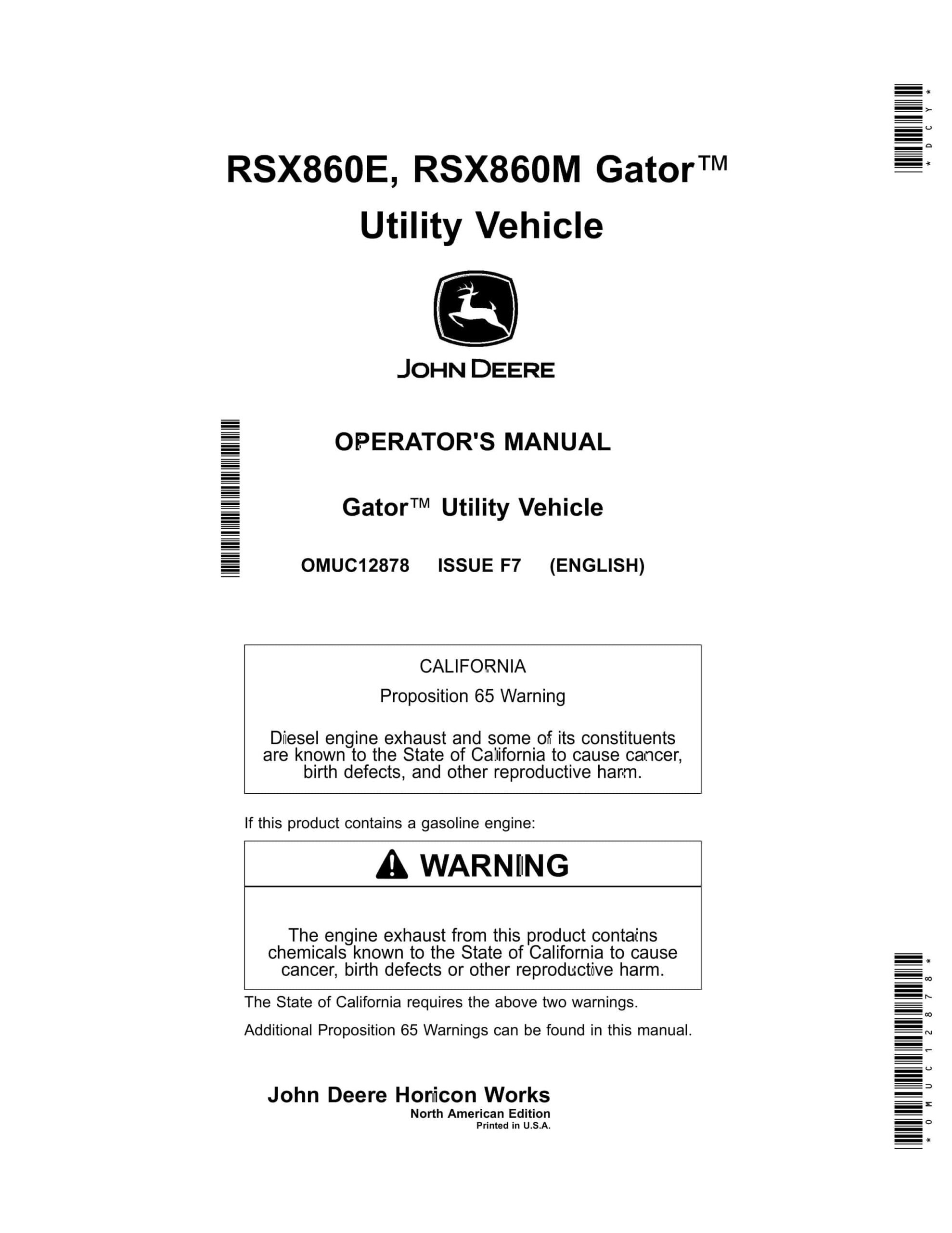 John Deere RSX860E, RSX860M Gator Utility Vehicles Operator Manual OMUC12878-1