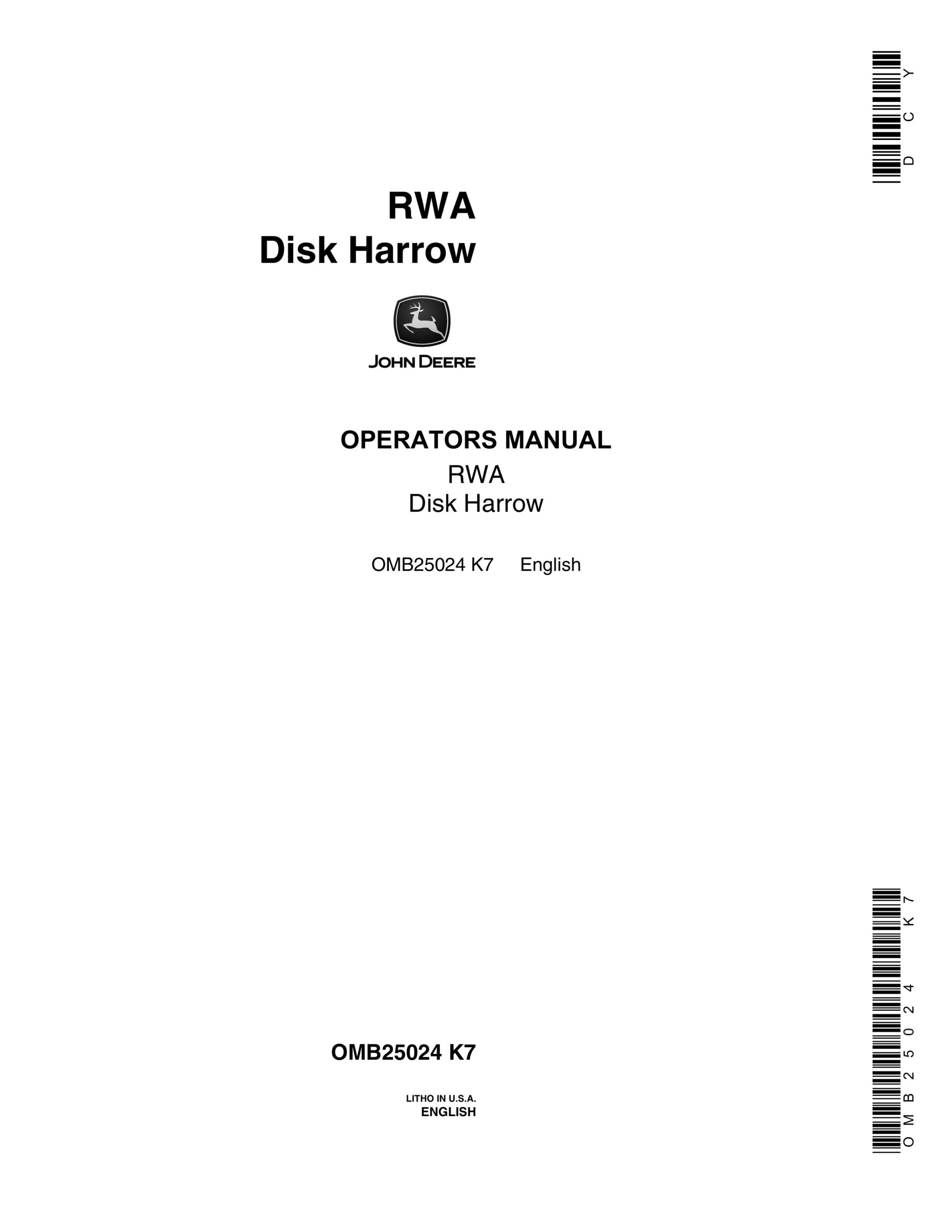John Deere RWA Disk Harrow Operator Manual OMB25024-1