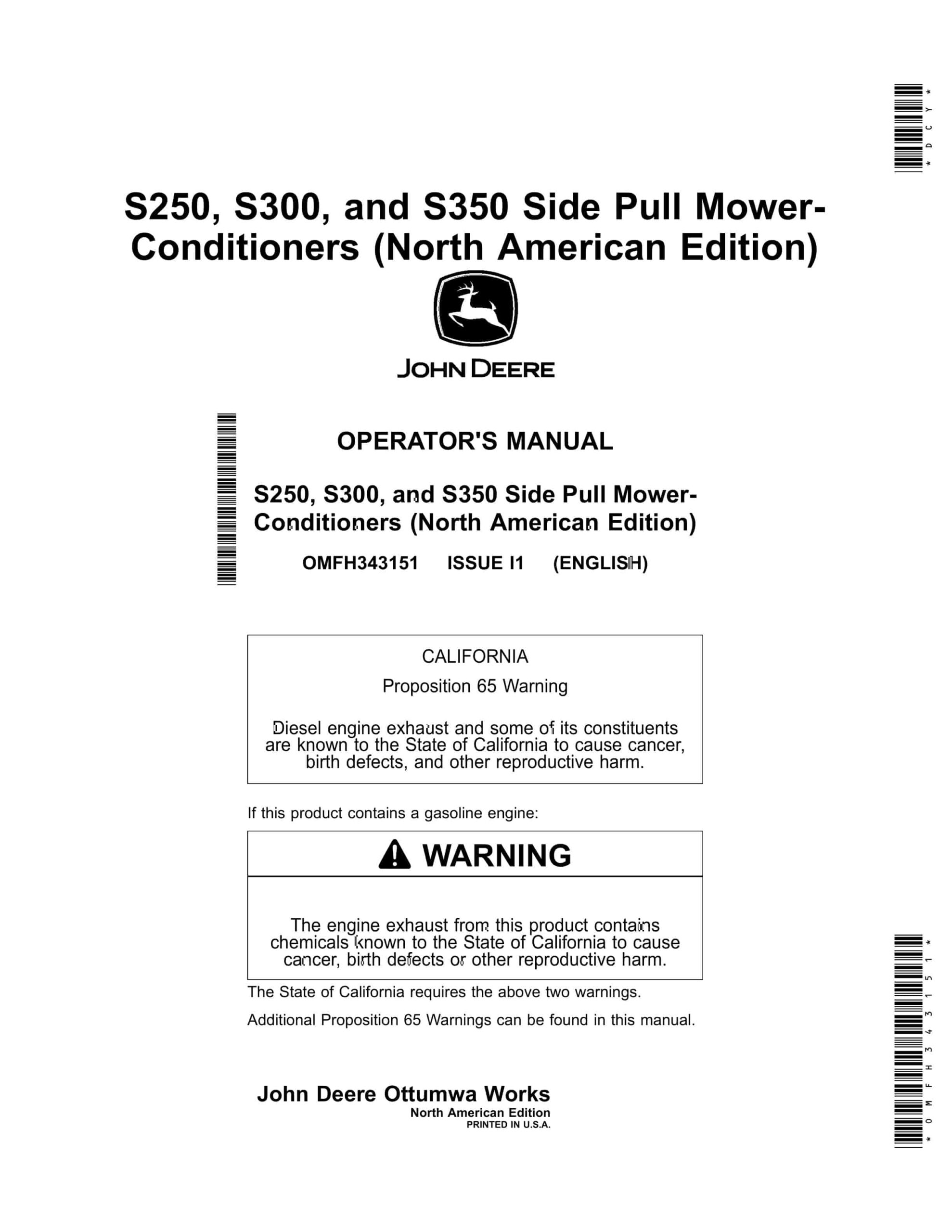 John Deere S250, S300, and S350 Side Pull Mower Conditioner Operator Manual OMFH343151-1