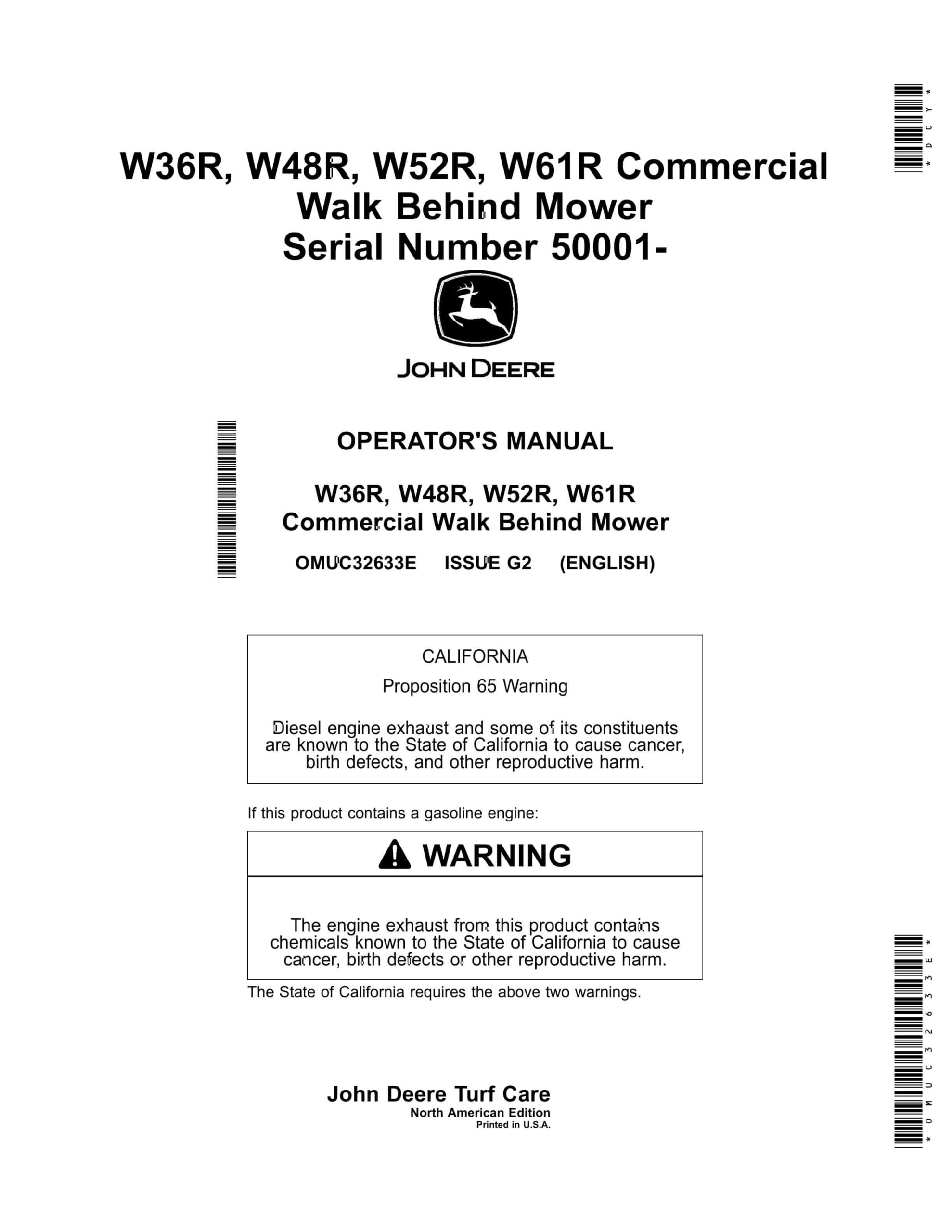 John Deere W36R, W48R, W52R, W61R Commercial Walk Behind Mower Operator Manual OMUC32633E-1