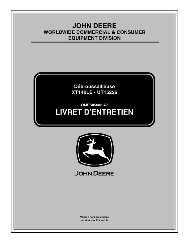John Deere XT140LE &#8211; UT15226 Brushcutter Operator Manual OMPS05083-2