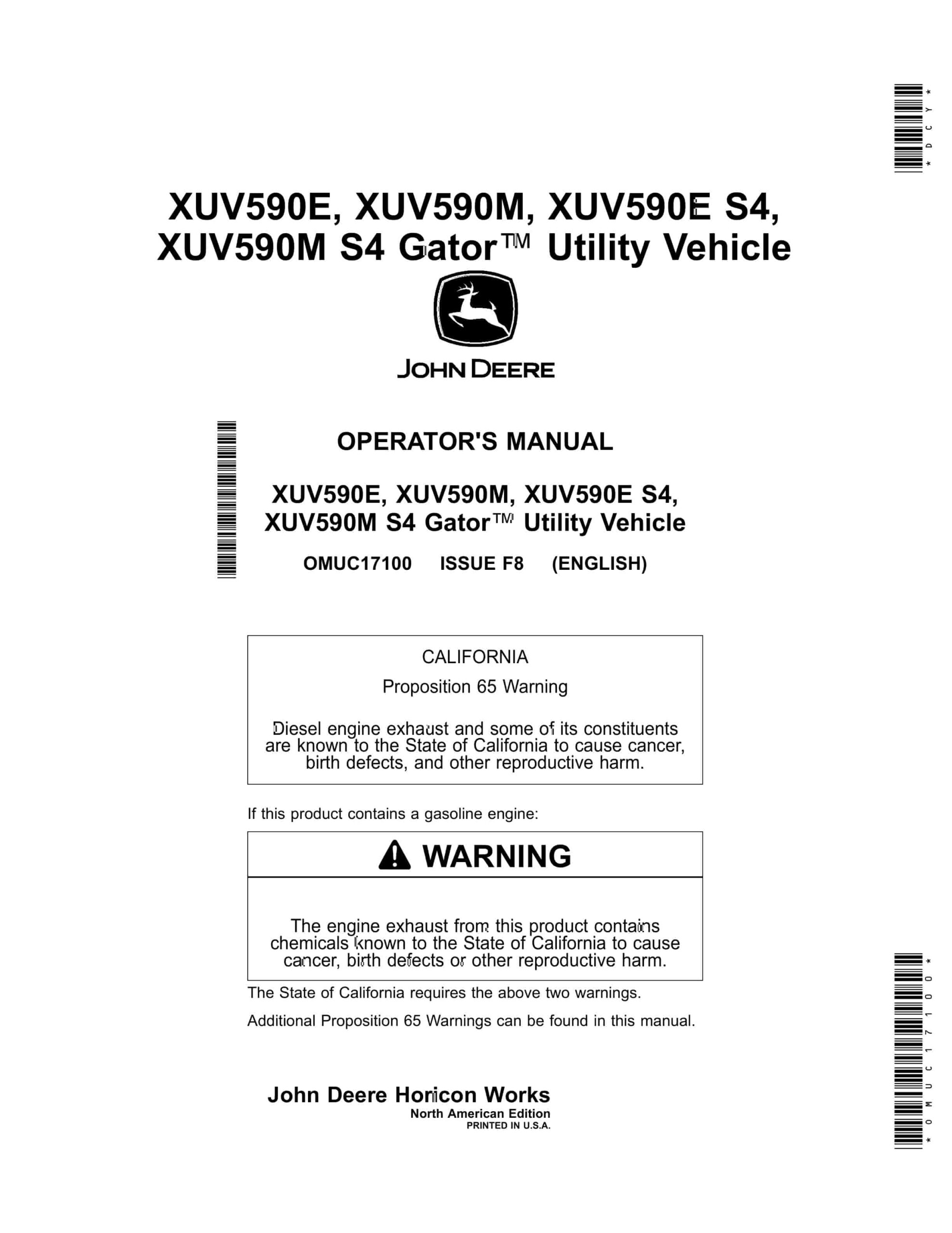 John Deere XUV590E, XUV590M, XUV590E S4, XUV590M S4 Gator Utility Vehicles Operator Manual OMUC17100-1