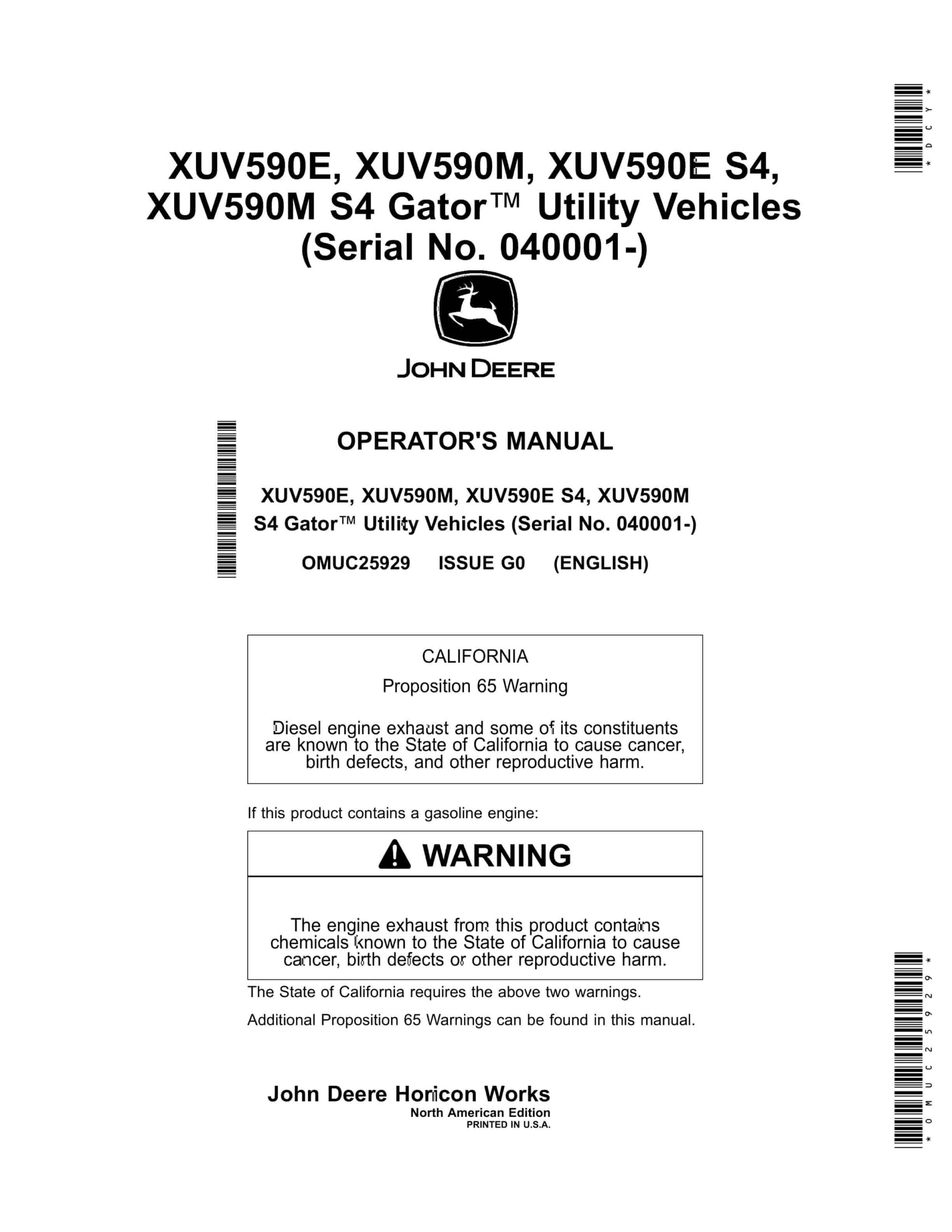 John Deere XUV590E, XUV590M, XUV590E S4, XUV590M S4 Gator Utility Vehicles Operator Manual OMUC25929-1