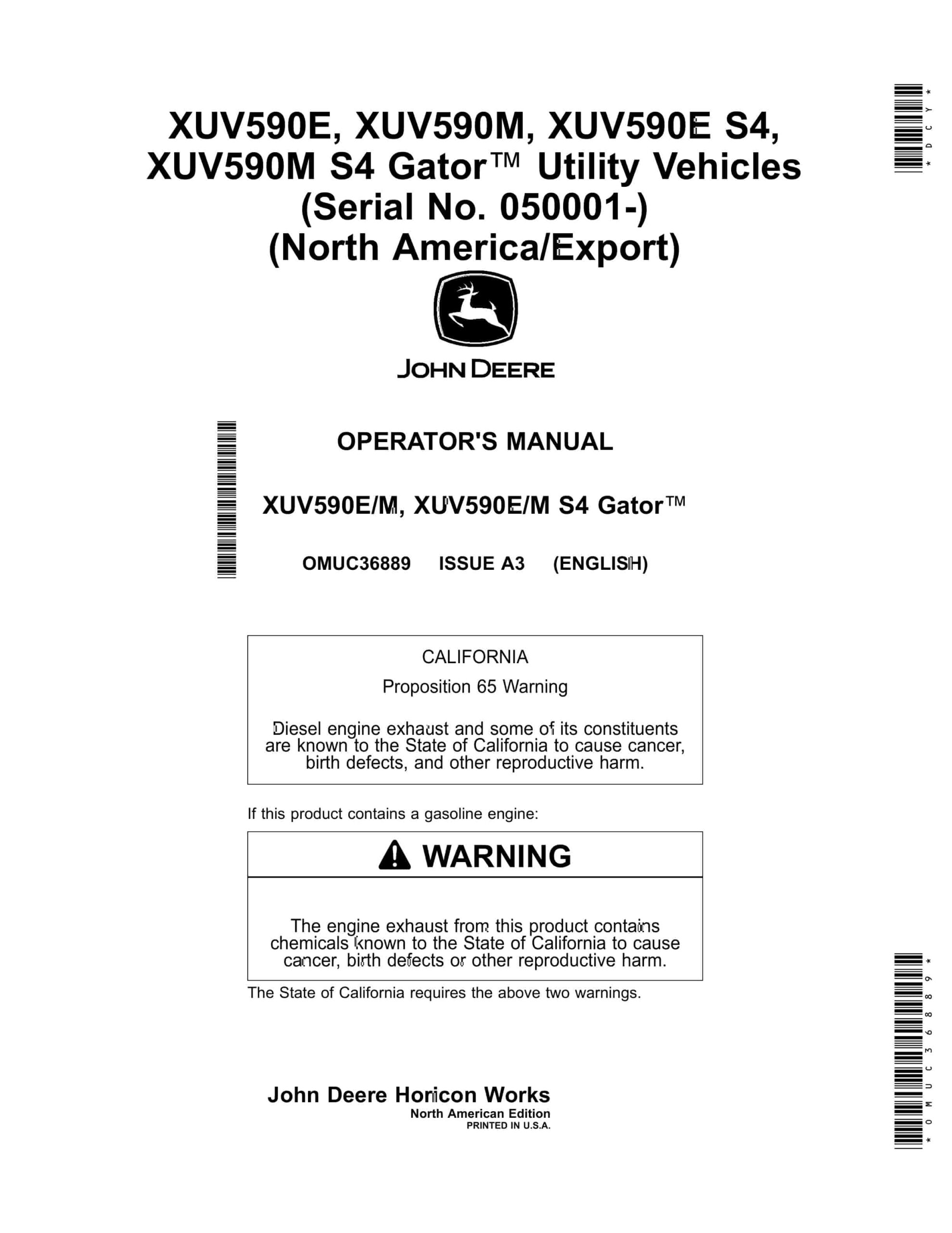 John Deere XUV590E, XUV590M, XUV590E S4, XUV590M S4 Gator Utility Vehicles Operator Manual OMUC36889-1