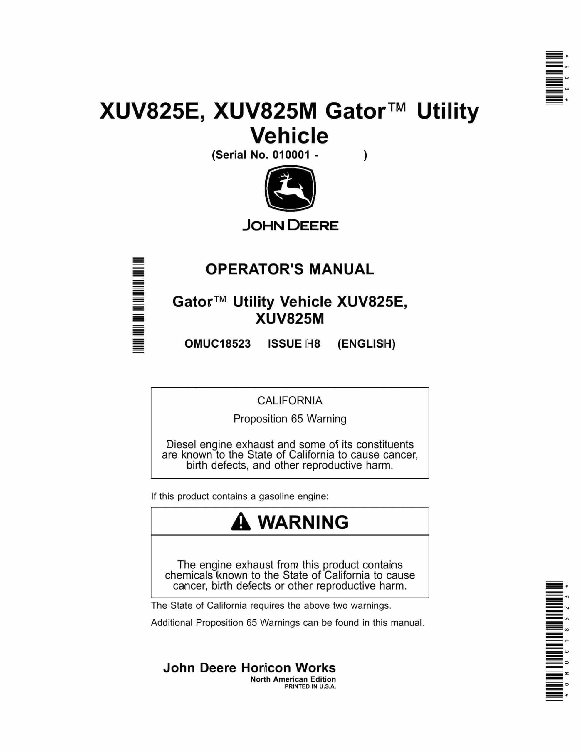 John Deere XUV825E, XUV825M Gator Utility Vehicles Operator Manual OMUC18523-1