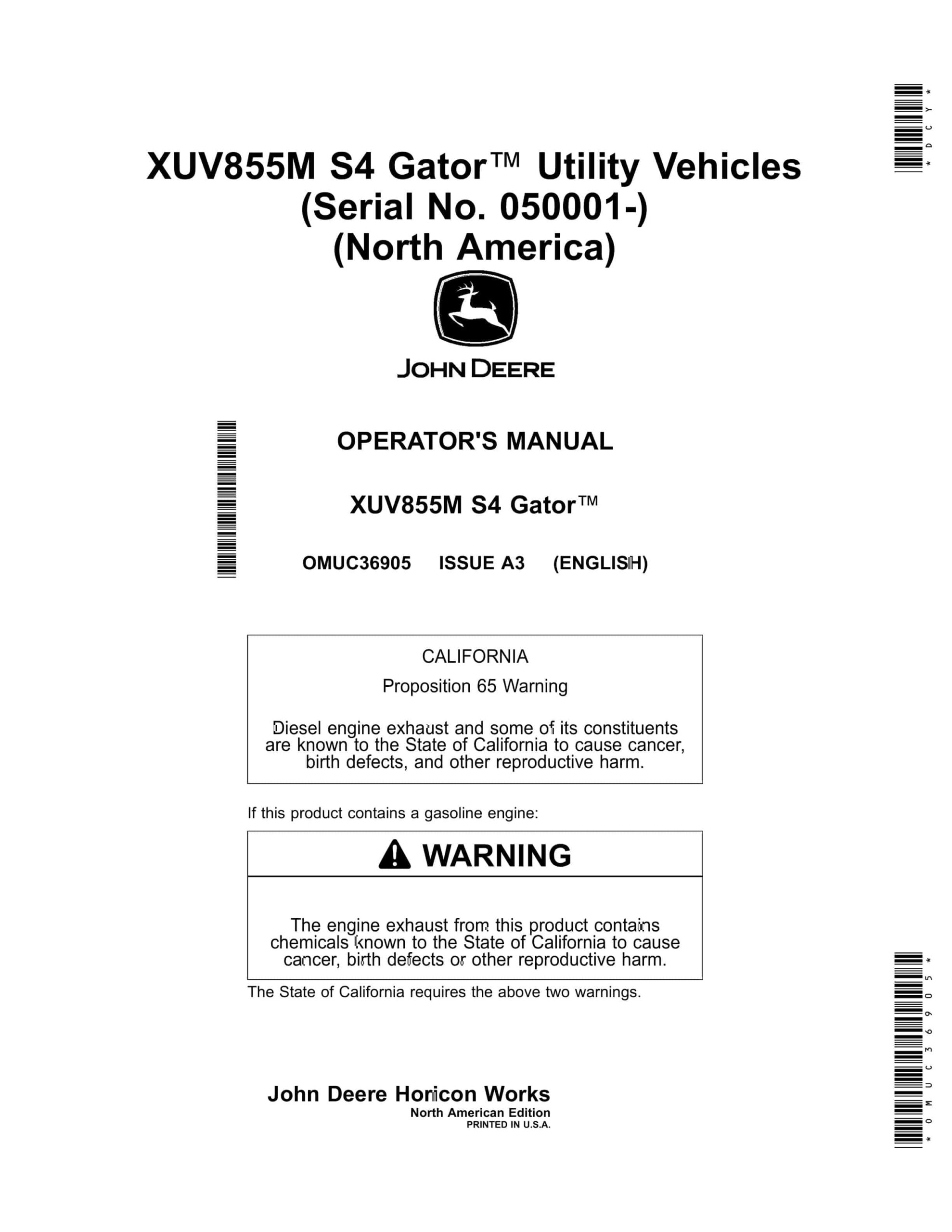 John Deere XUV855M S4 Gator Utility Vehicles Operator Manual OMUC36905-1