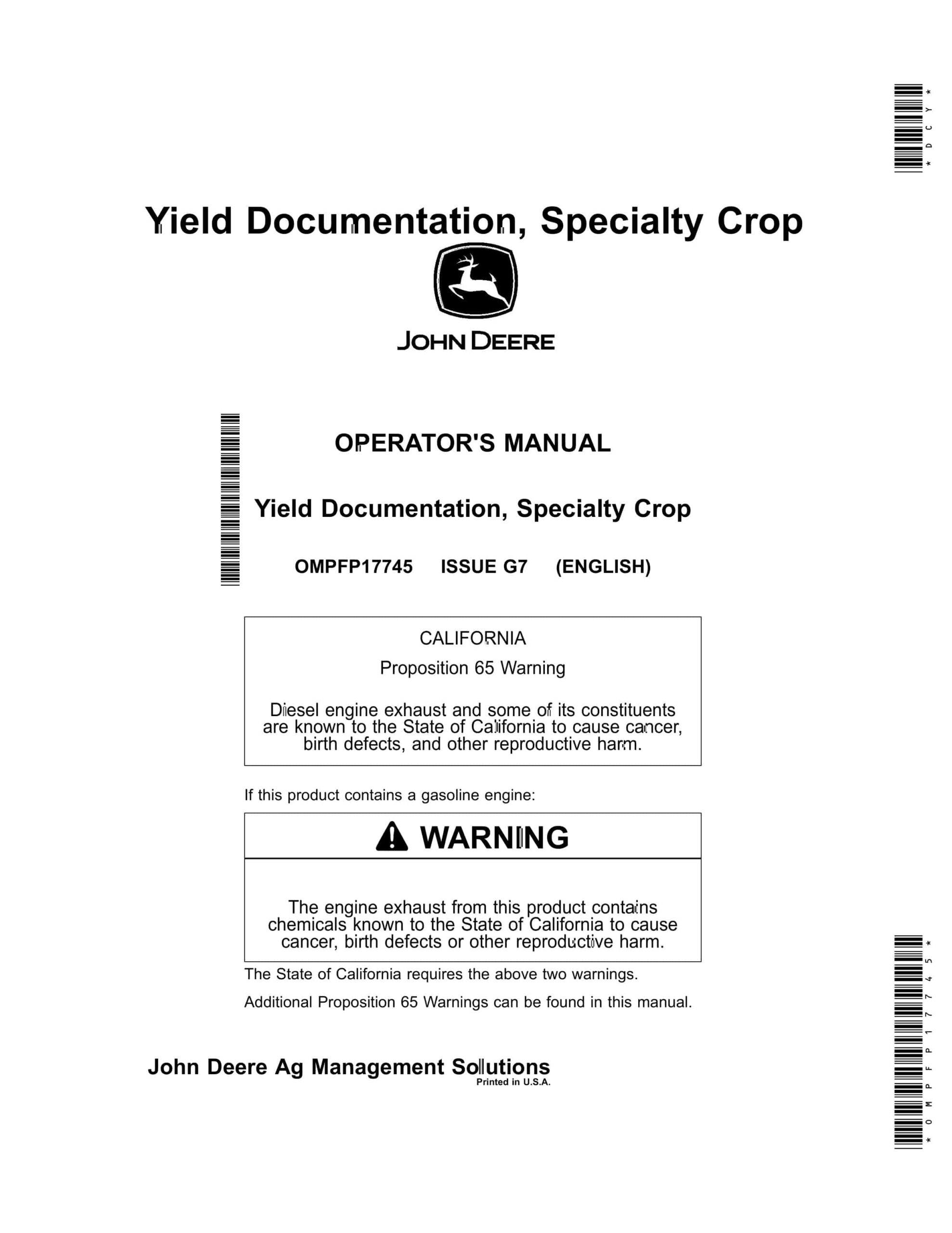 John Deere Yield Documentation, Specialty Crop Operator Manual OMPFP17745-1