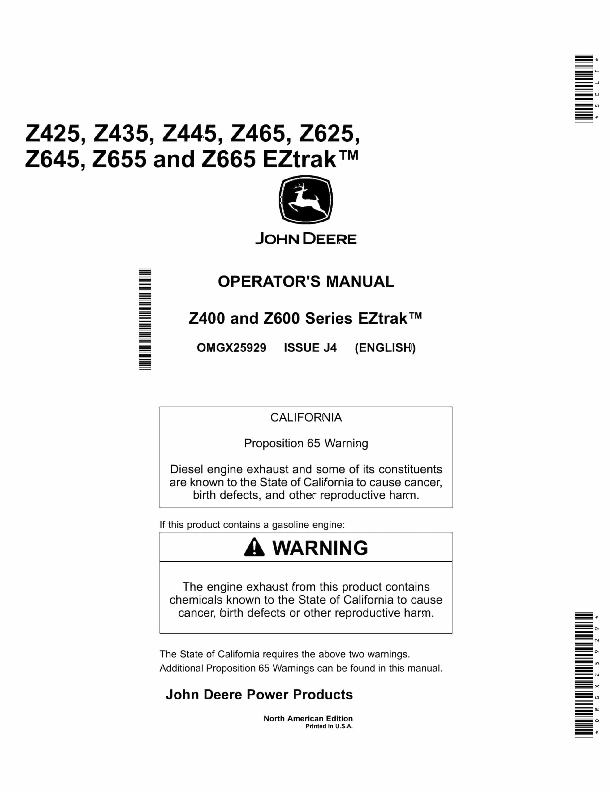 John Deere Z425, Z435, Z445, Z465, Z625, Z645, Z655 and Z665 EZtrak Operator Manual OMGX25929-1