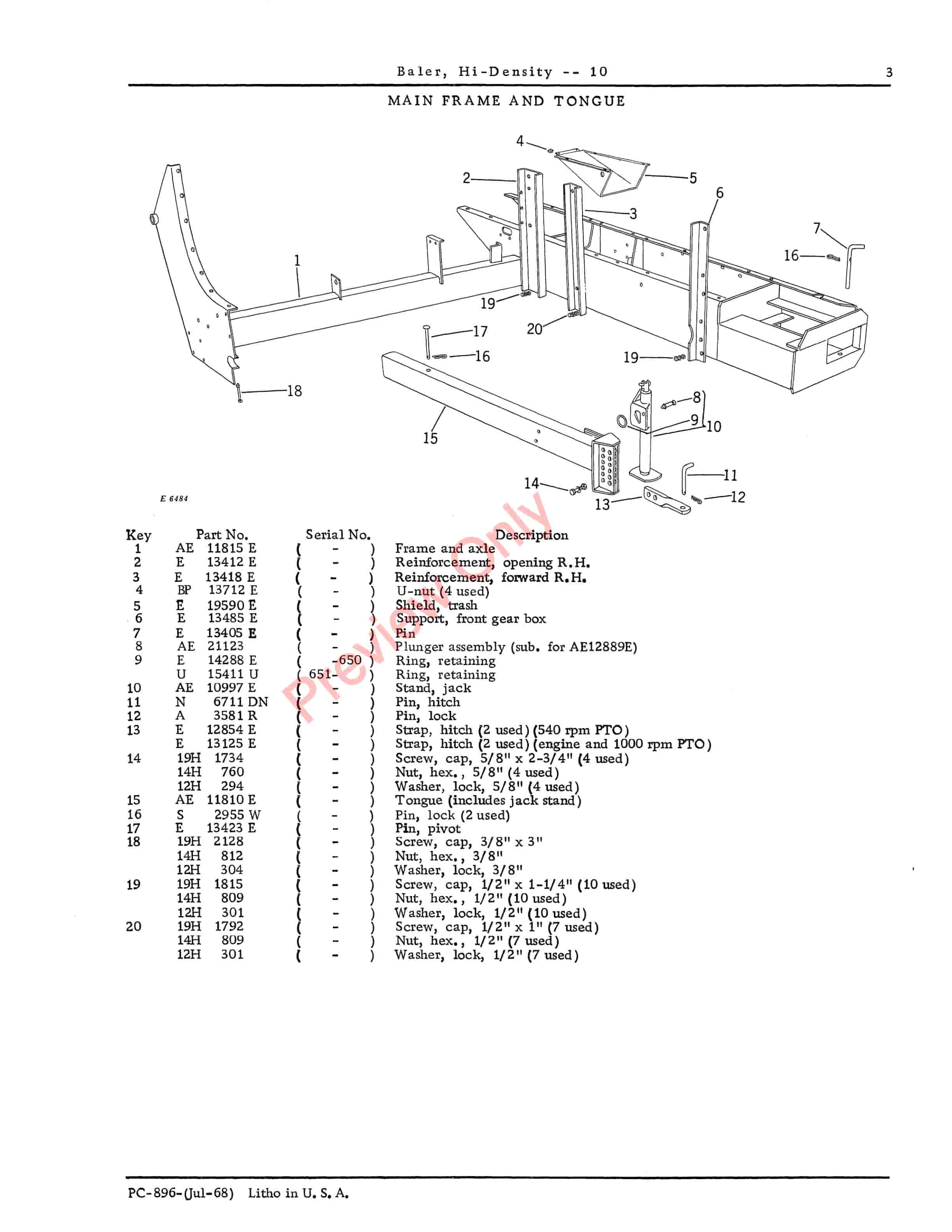 John Deere 10 Hi Density Baler Parts Catalog PC896 01JUL68-5