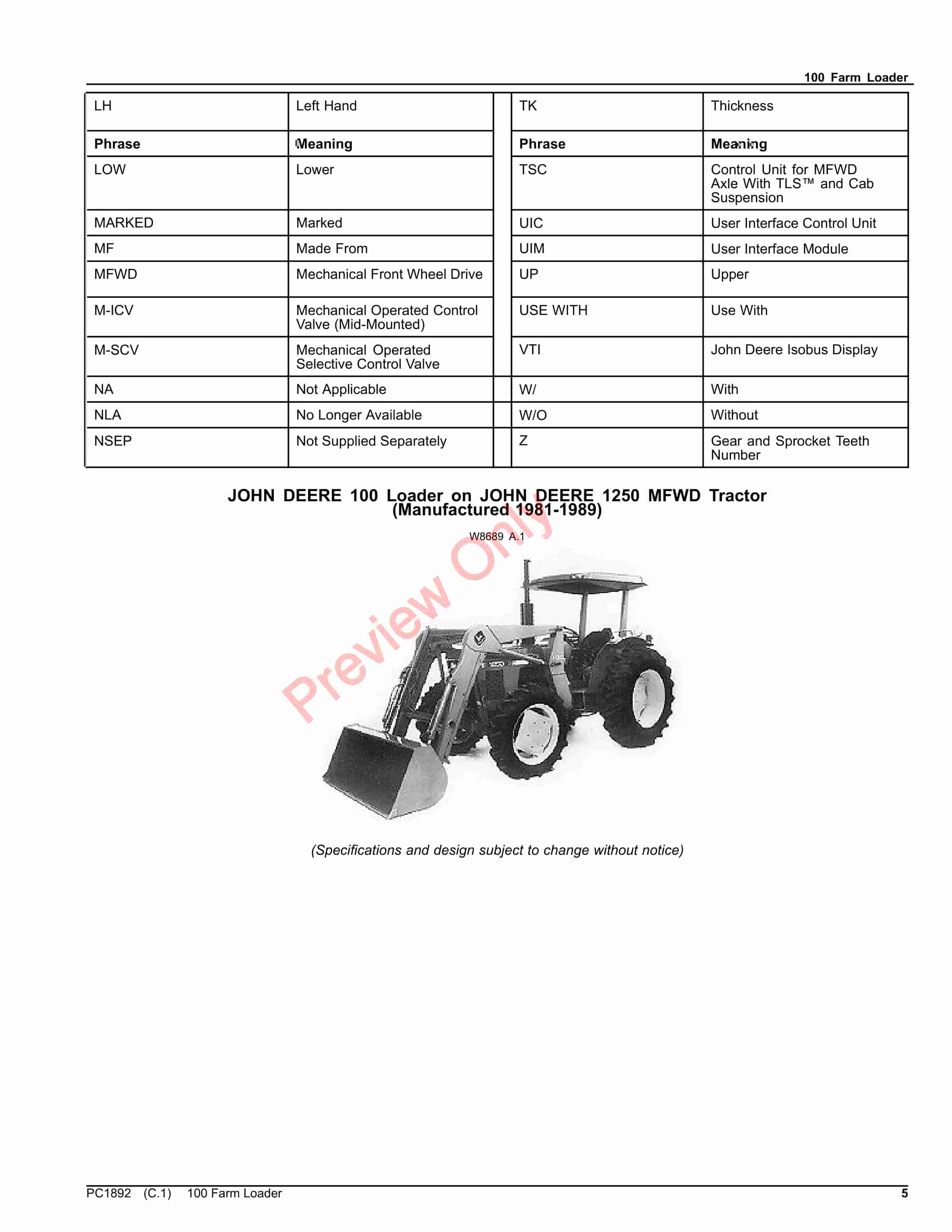 John Deere 100 Farm Loader Parts Catalog PC1892 08NOV17-5