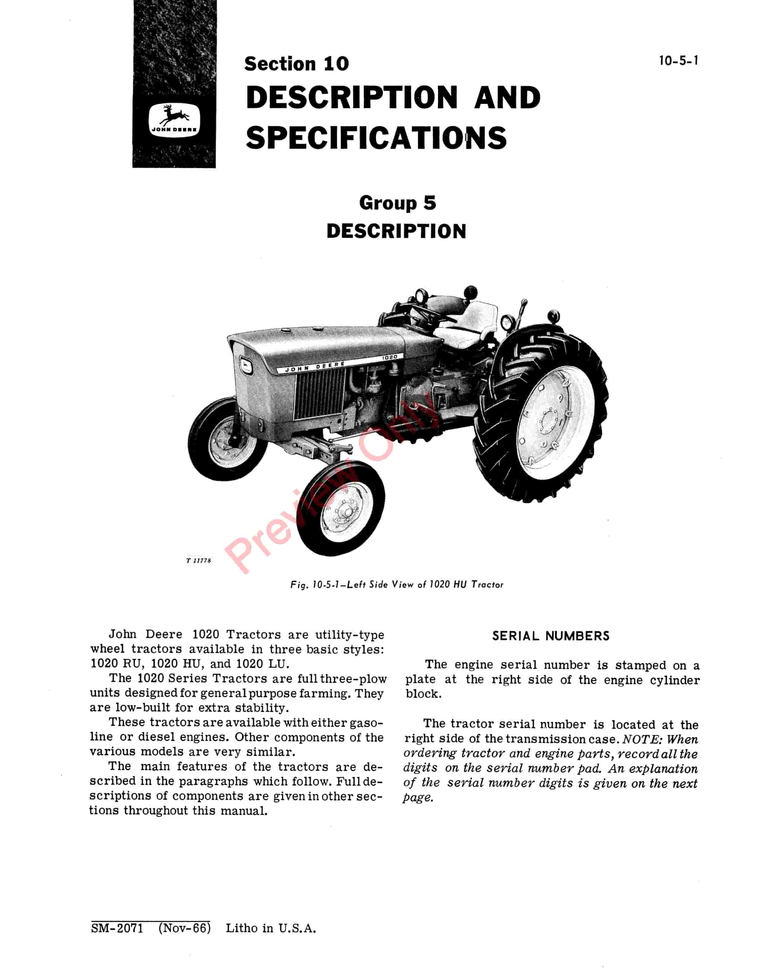 John Deere 1020 Series Tractors Service Manual SM2071 01JUL69 5