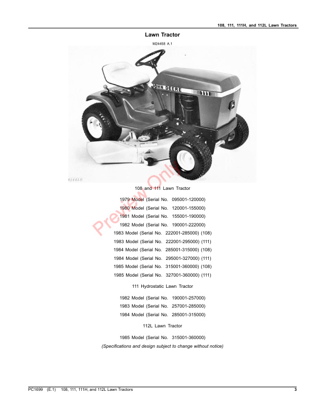 John Deere 108, 111, 111H and 112L Lawn Tractors Parts Catalog PC1699 10OCT22-3